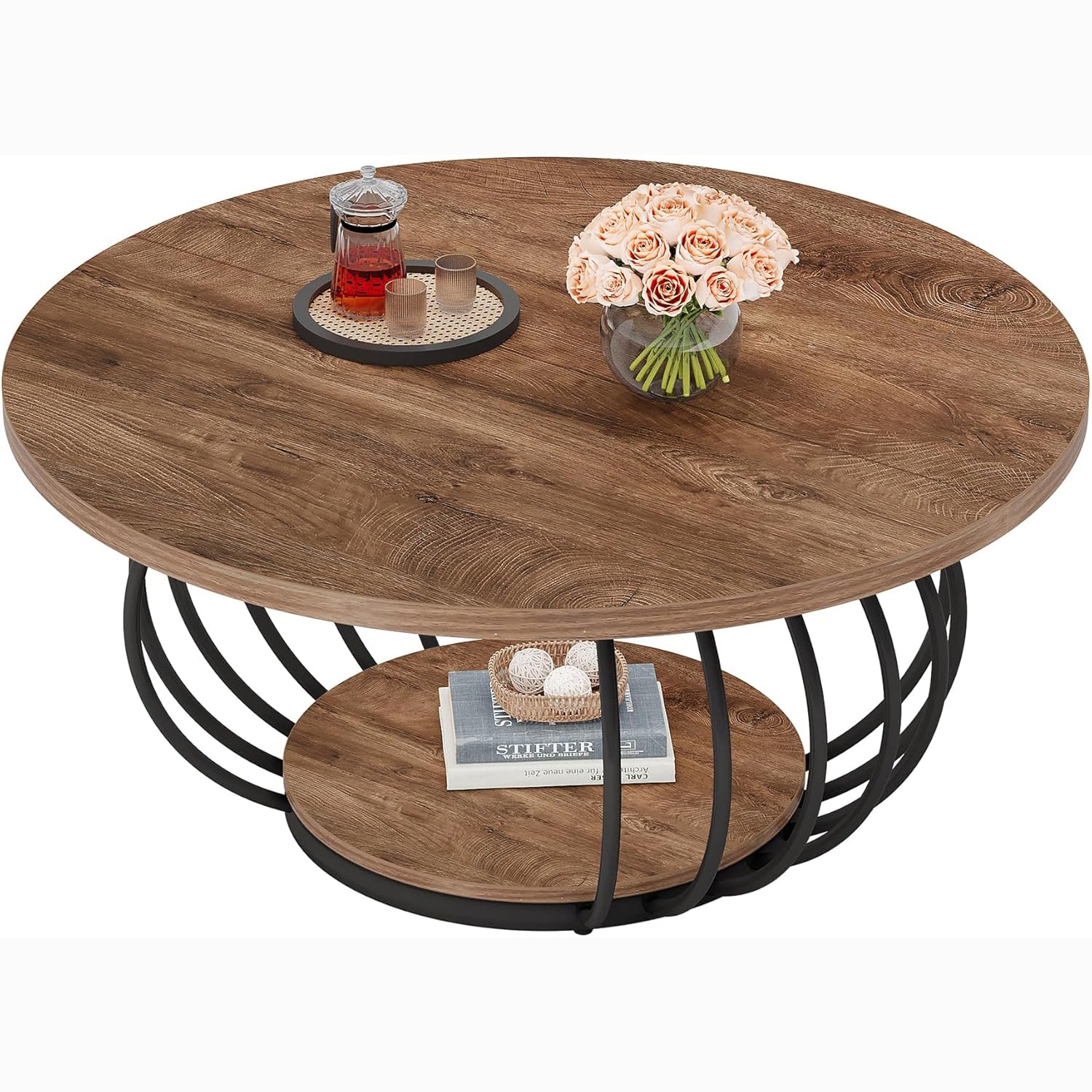 39" Round Coffee Table - 2-Tier Industrial Cocktail Table with Metal Frame, Rustic Brown & Black