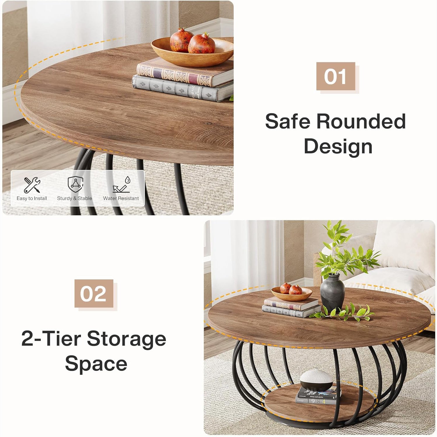 39" Round Coffee Table - 2-Tier Industrial Cocktail Table with Metal Frame, Rustic Brown & Black