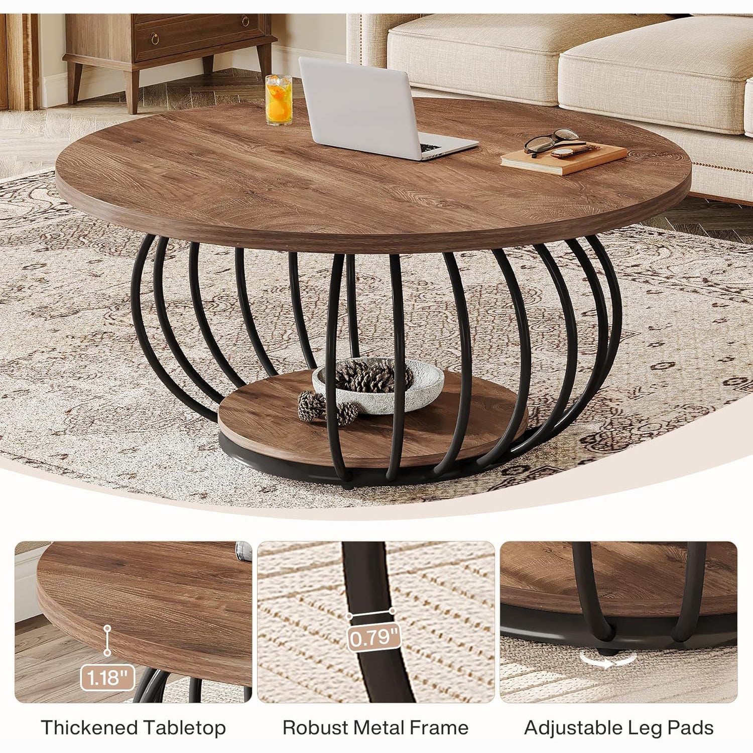 39" Round Coffee Table - 2-Tier Industrial Cocktail Table with Metal Frame, Rustic Brown & Black