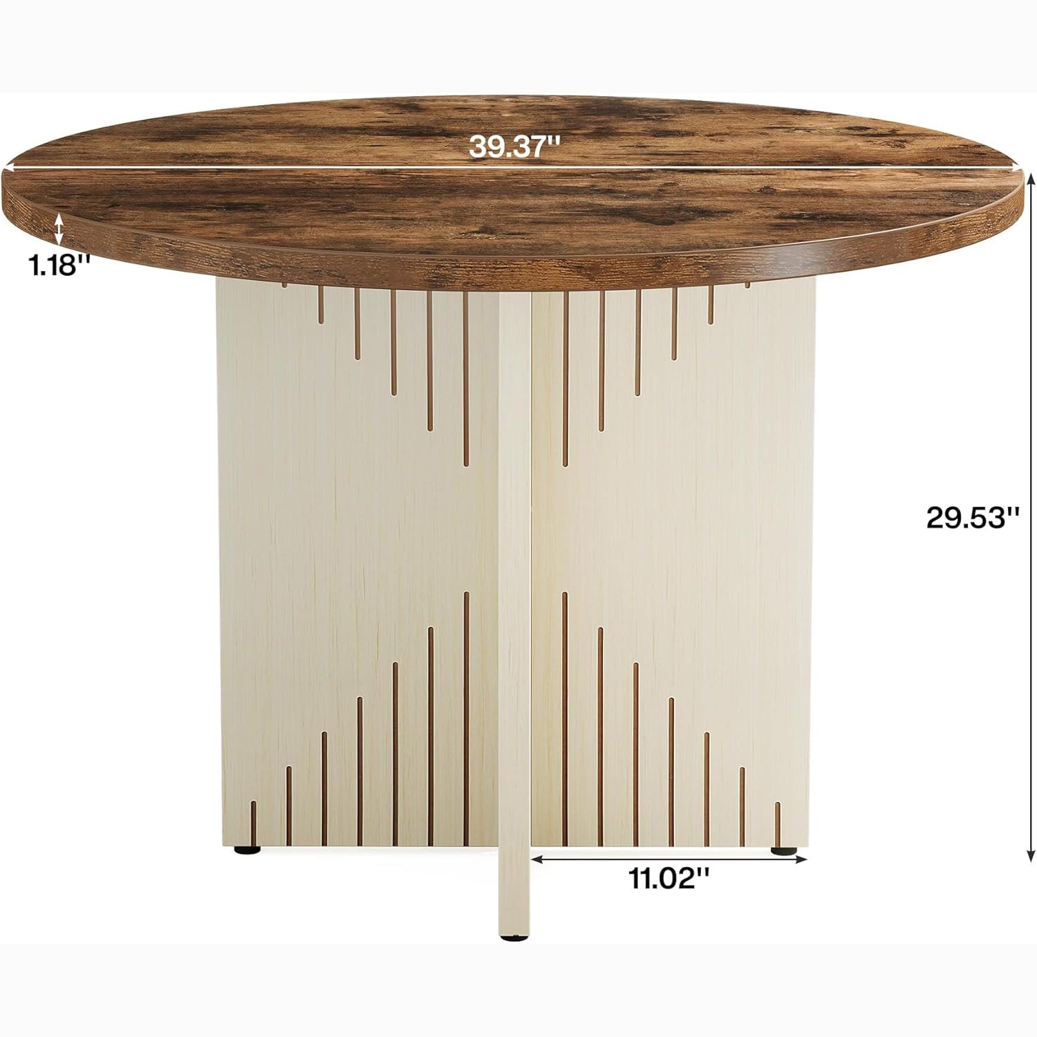 39" Round Farmhouse Dining Table for 4 with Pedestal Base - All Wood Kitchen Table in Brown & Beige