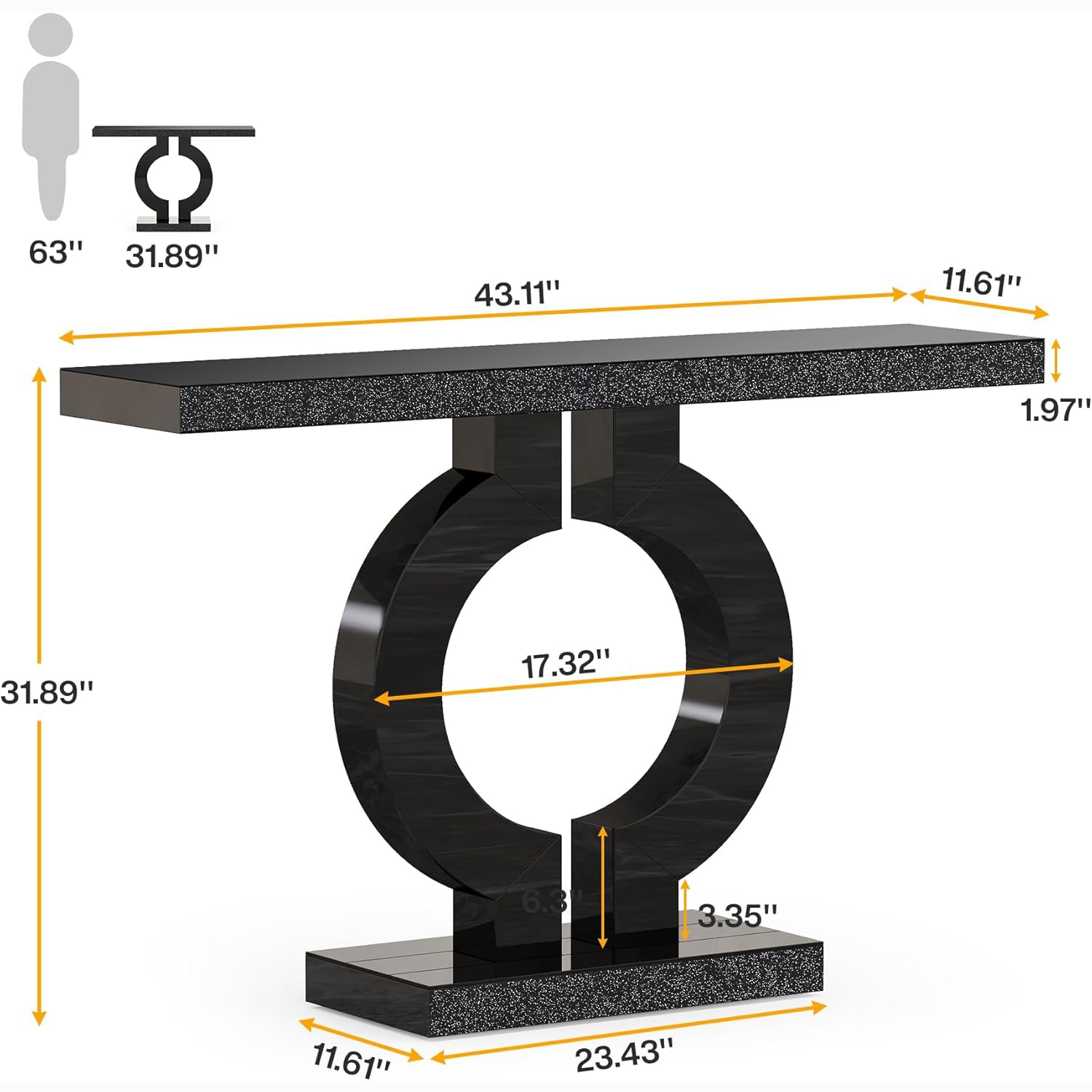 43" Modern Mirrored Console Table - O-Shaped Black Base Narrow Entryway & Sofa Table with Glass Finish