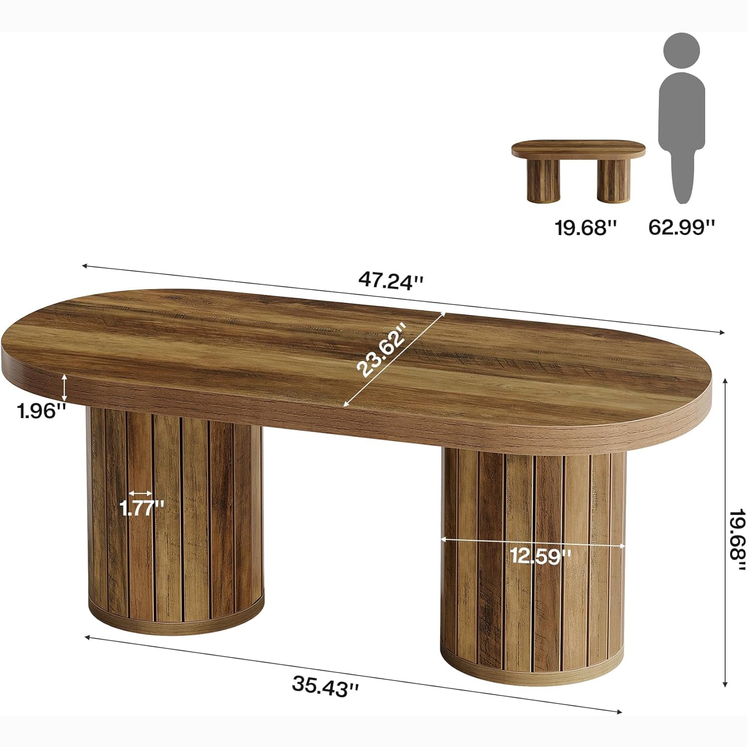 47.2" Farmhouse Oval Coffee Table with Fluted Legs - Rustic Brown Center Table
