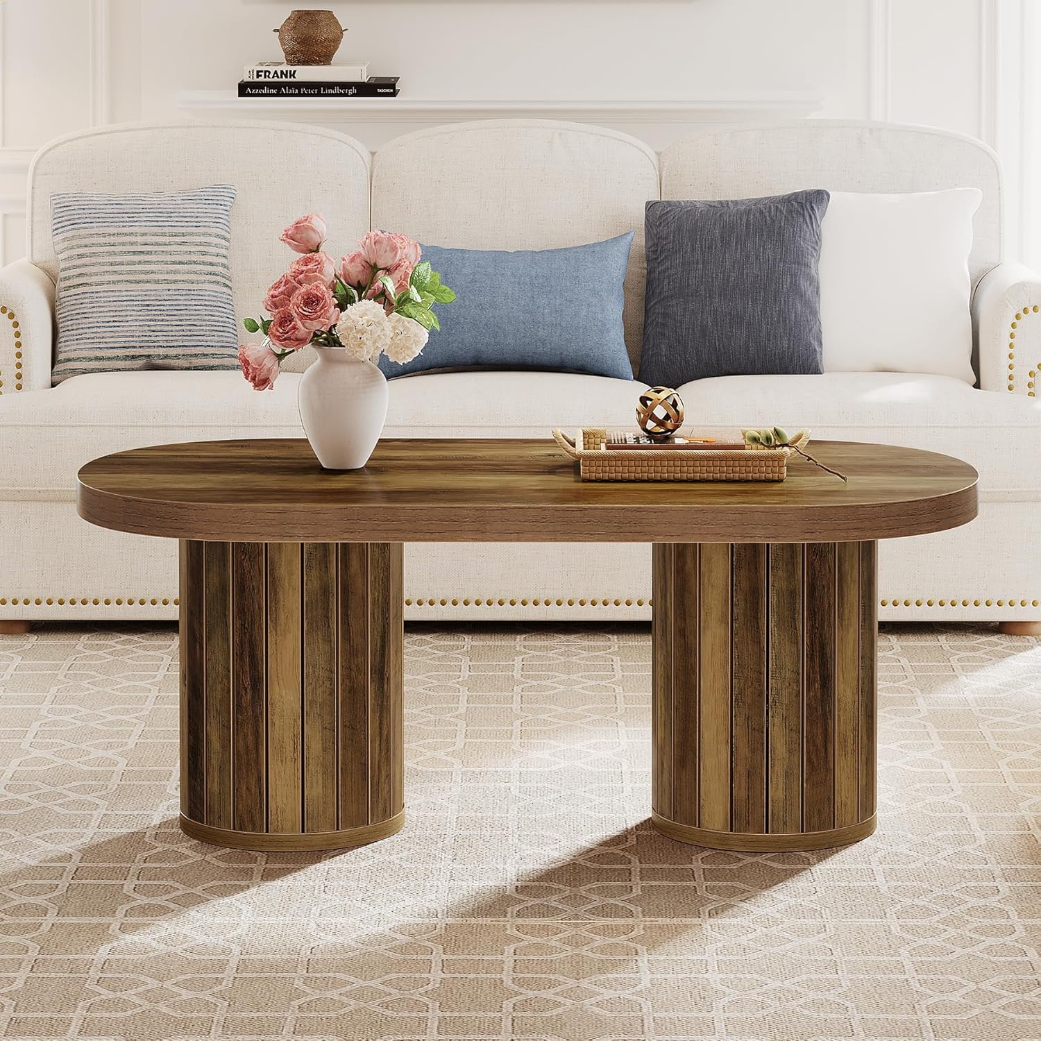 47.2" Farmhouse Oval Coffee Table with Fluted Legs - Rustic Brown Center Table
