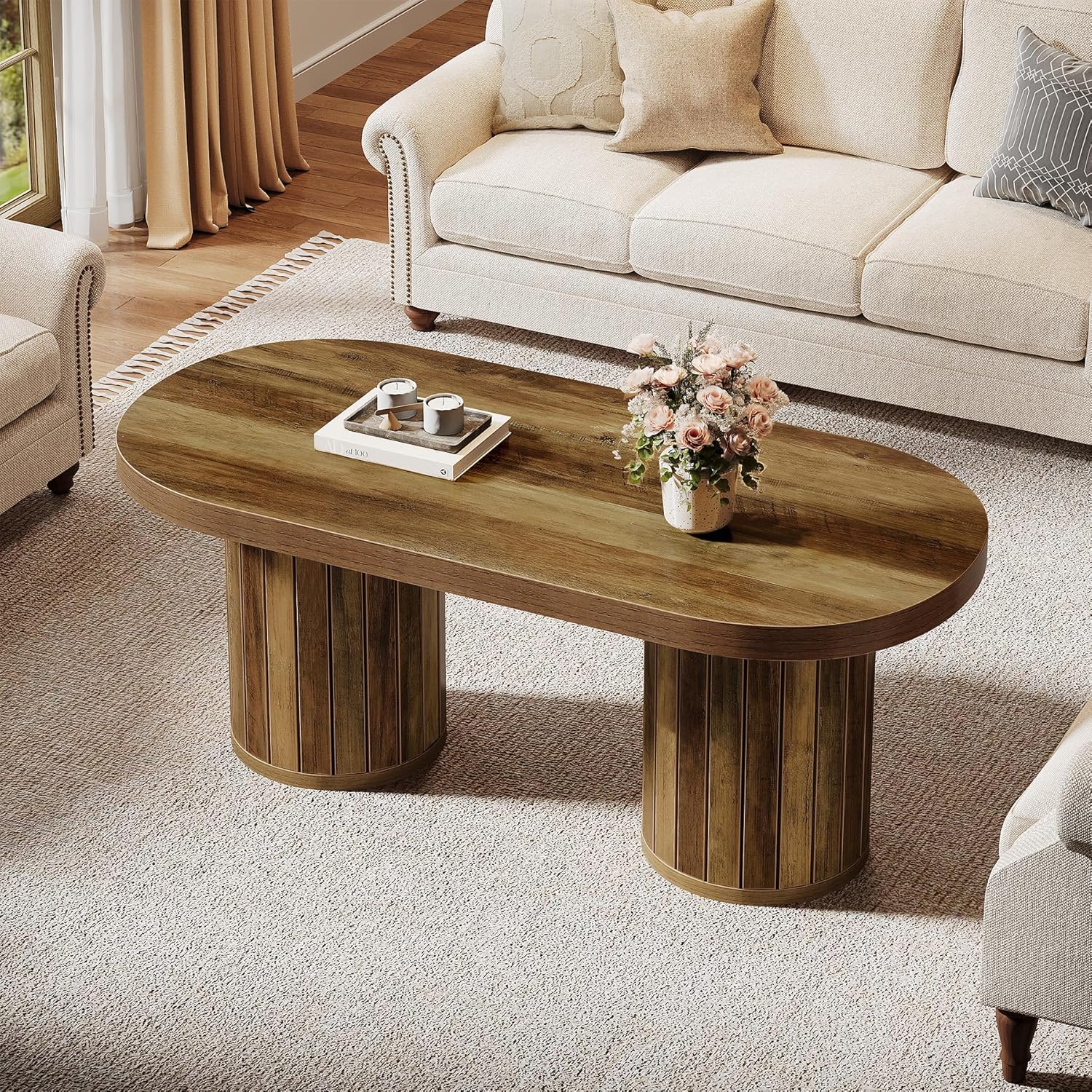 47.2" Farmhouse Oval Coffee Table with Fluted Legs - Rustic Brown Center Table