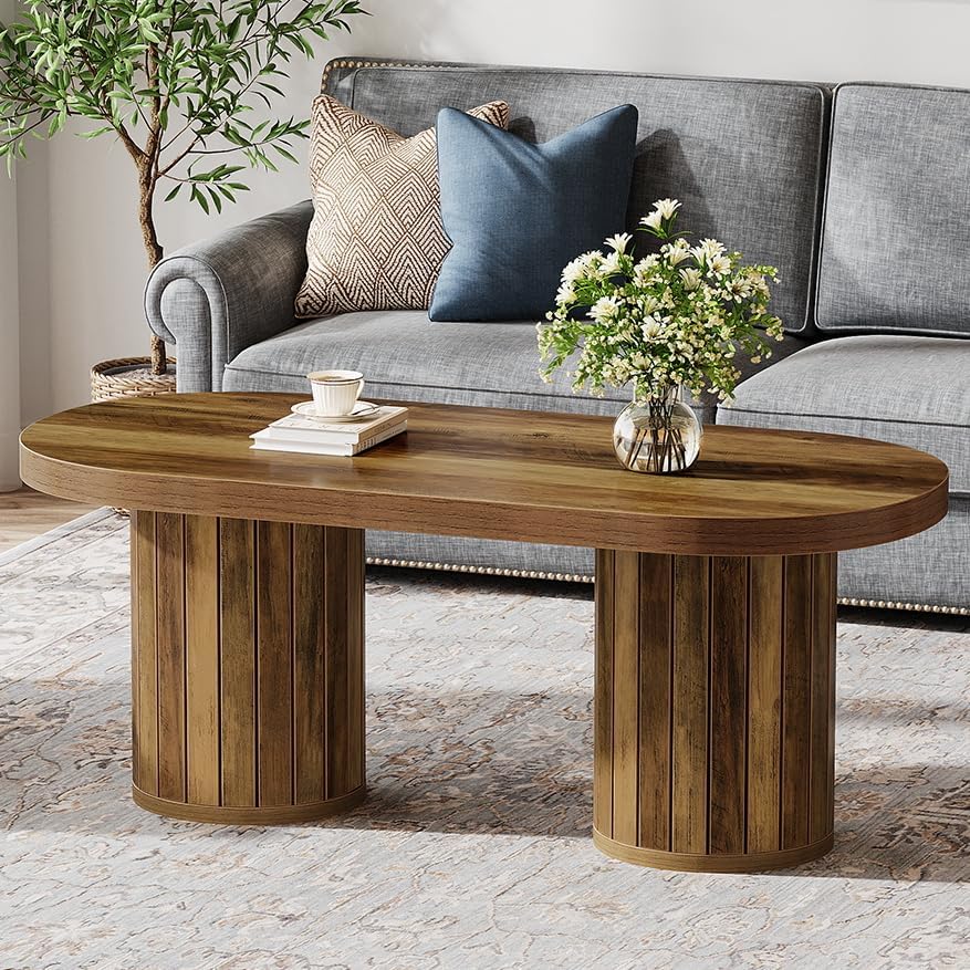 47.2" Farmhouse Oval Coffee Table with Fluted Legs - Rustic Brown Center Table