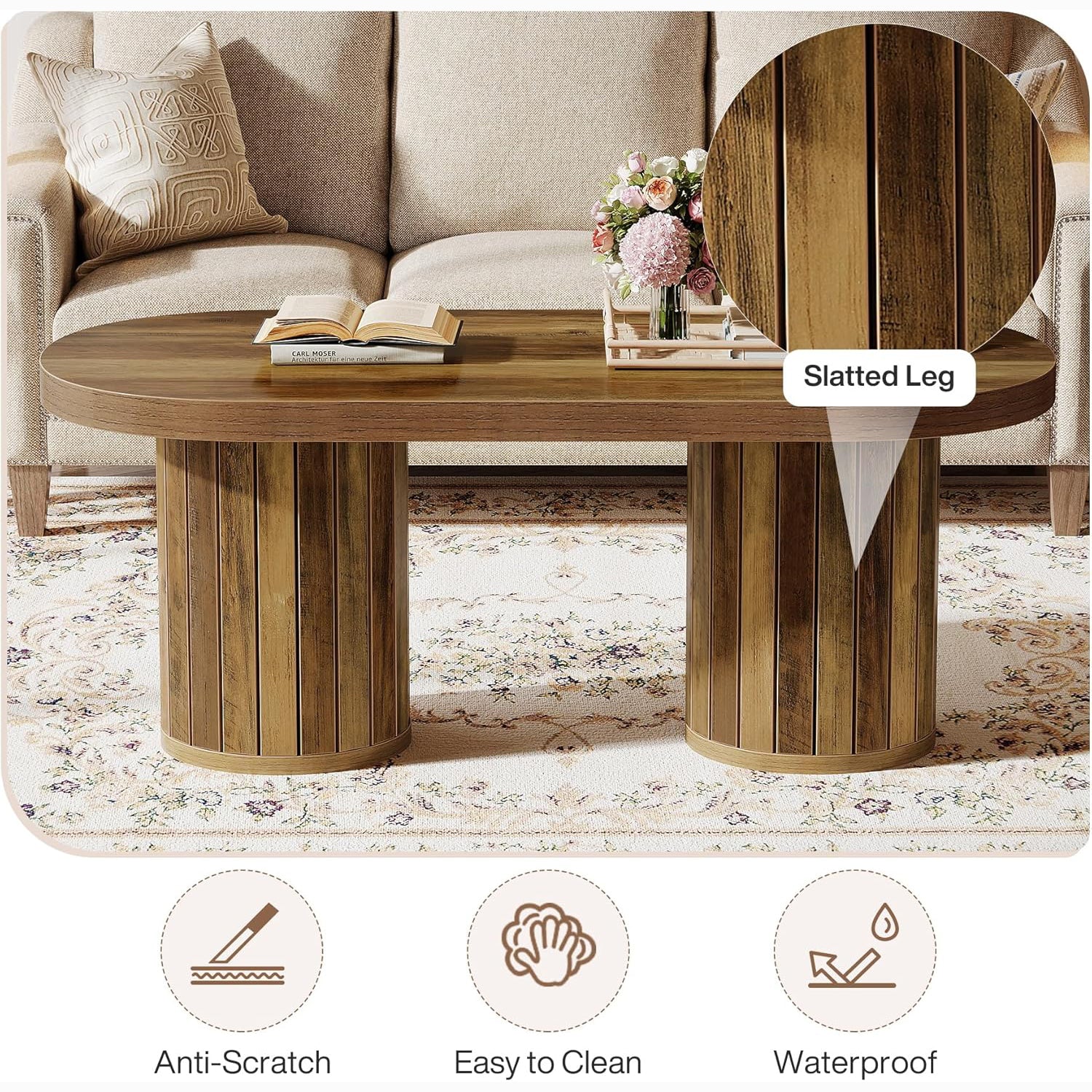 47.2" Farmhouse Oval Coffee Table with Fluted Legs - Rustic Brown Center Table