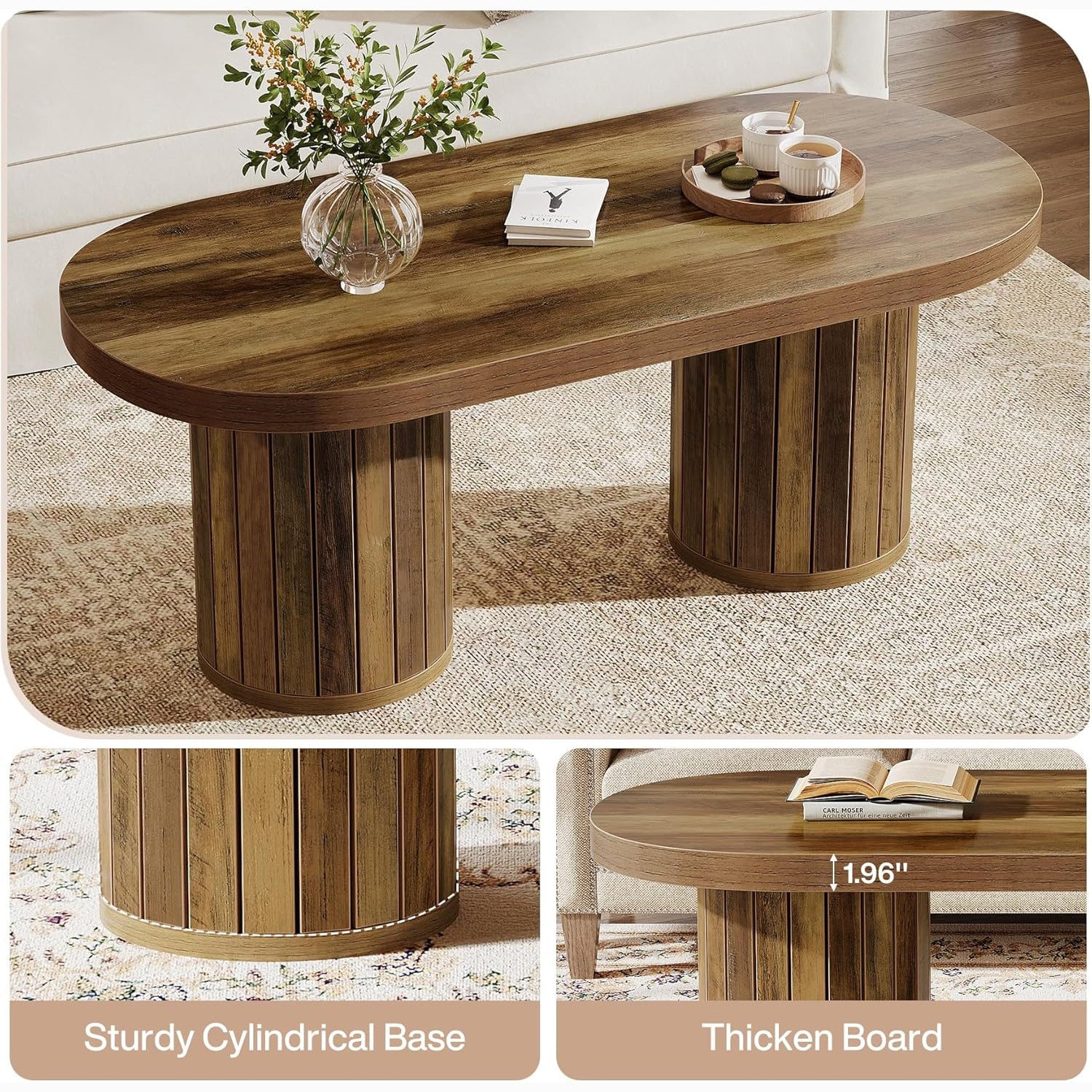 47.2" Farmhouse Oval Coffee Table with Fluted Legs - Rustic Brown Center Table