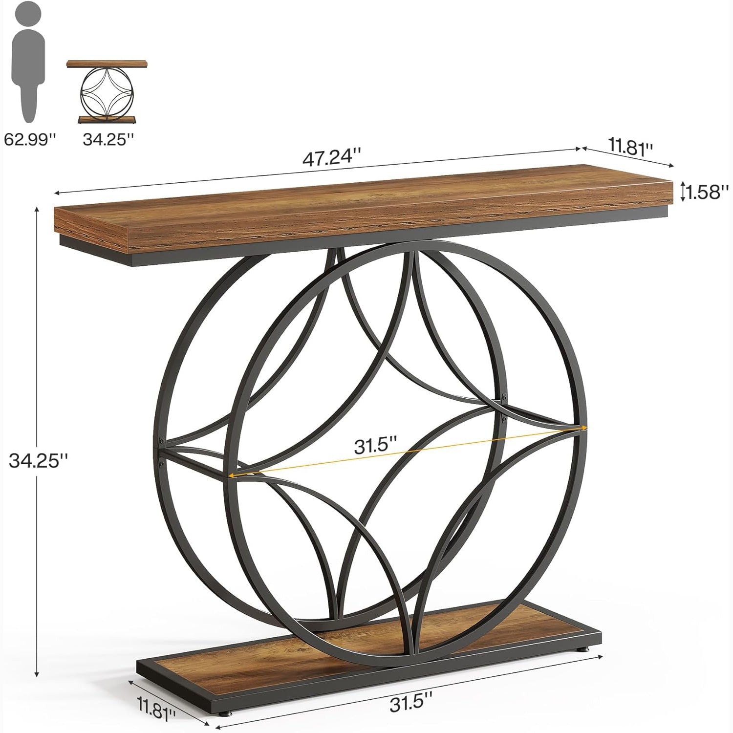 47" Industrial Console Table - 2-Tier Sofa Table with Geometric Metal Frame & Storage, Rustic Brown