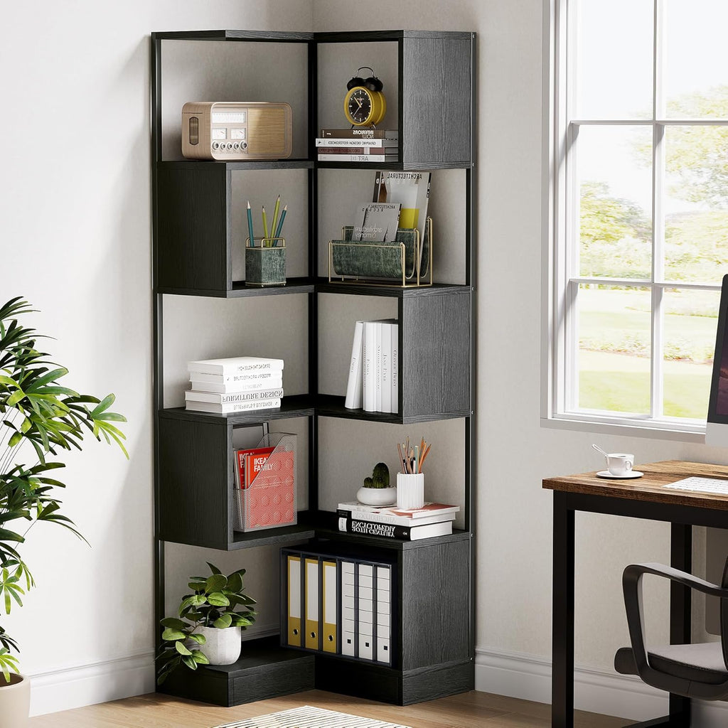 6 Tier Corner Bookshelf Unit,Metal Frame Living Room Home Office