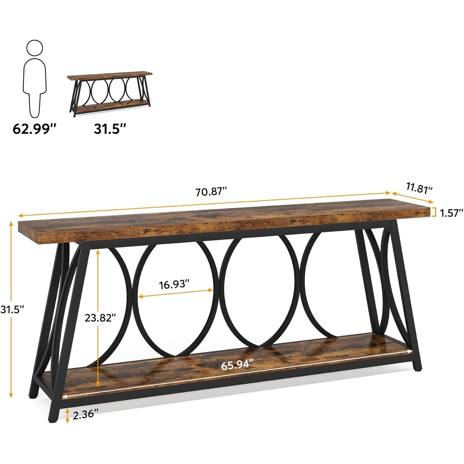 70.87" Long Console Table for Living Room - Rustic Shelf Design