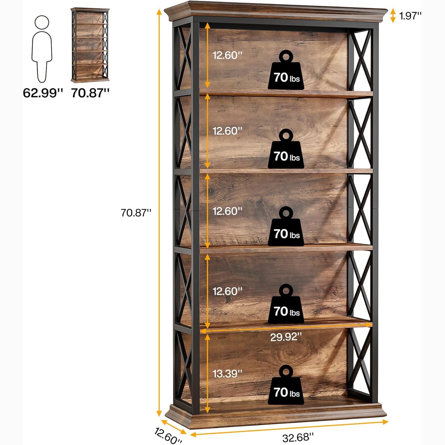 71" Industrial 6-Tier Bookcase - 5-Shelf Floor Standing Storage Unit in Brown & Black