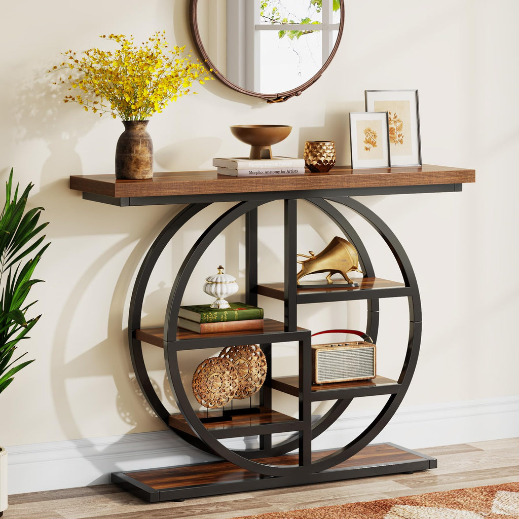 Industrial Console Table 105cm Narrow 6 Tier Sofa Entryway Table Circle Base Storage Shelves