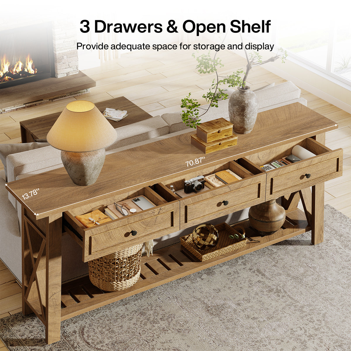 Tribesigns 70.87 Inch Console Table with 3 Drawers and Bottom Shelf, Farmhouse Sofa Table for Entryway and Living Room