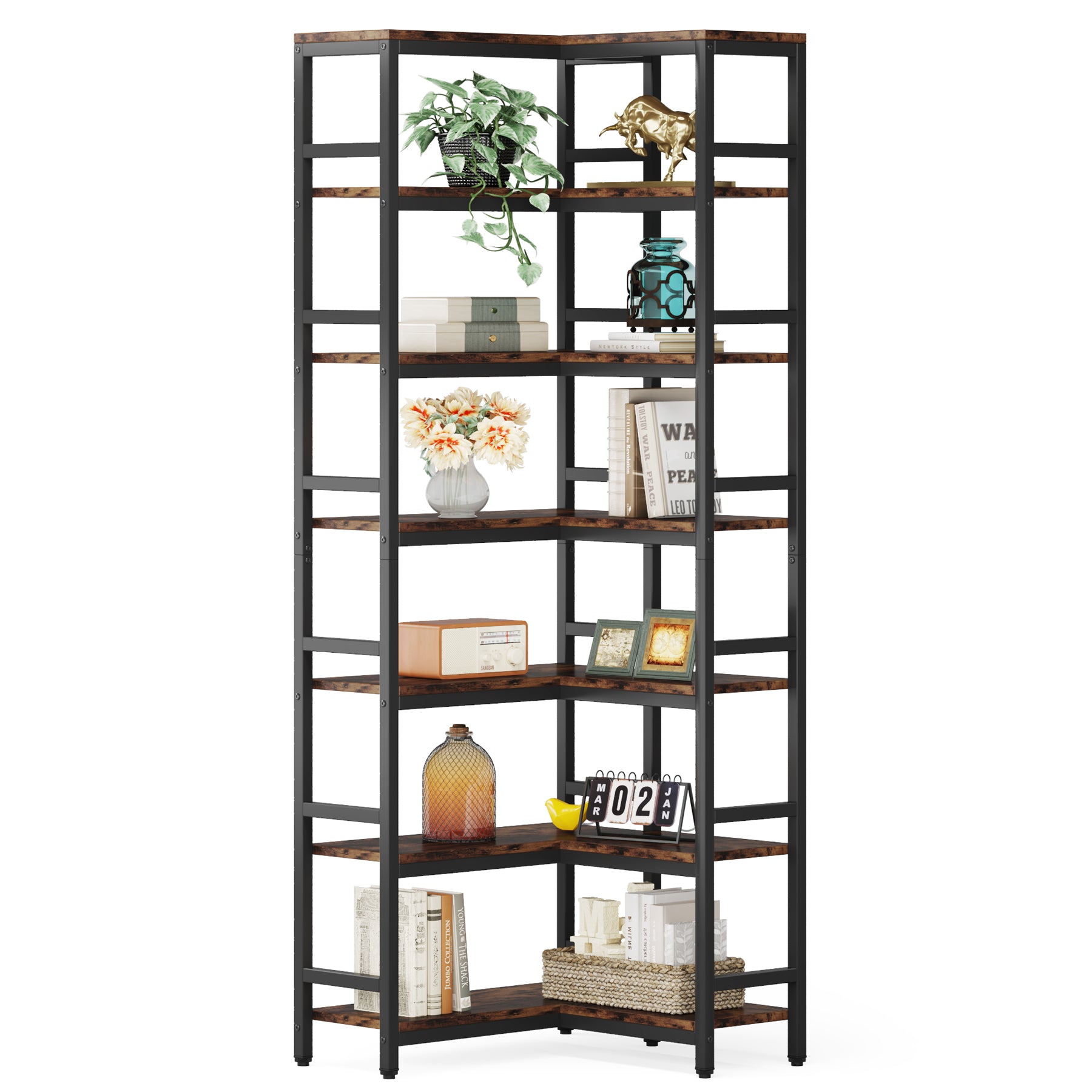 Industrial Corner Bookshelf, 7-Tier Bookcase Etagere Display Rack