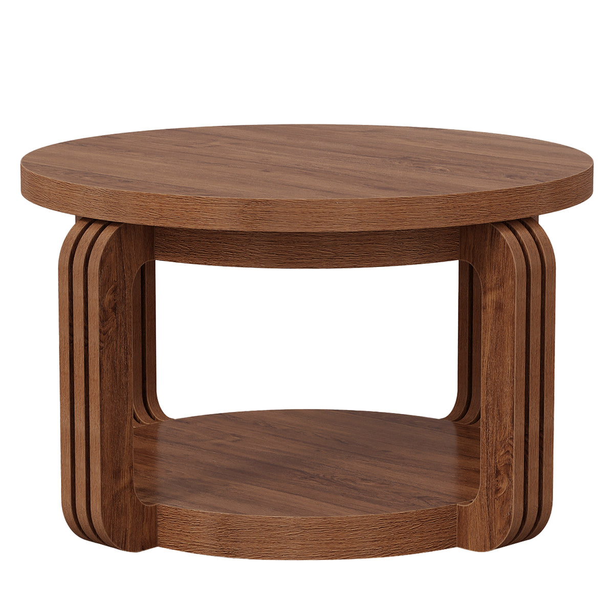 31.5 Inch Round Coffee Table with 2-Tier Storage Shelf, Modern Rustic Center Table for Living Room