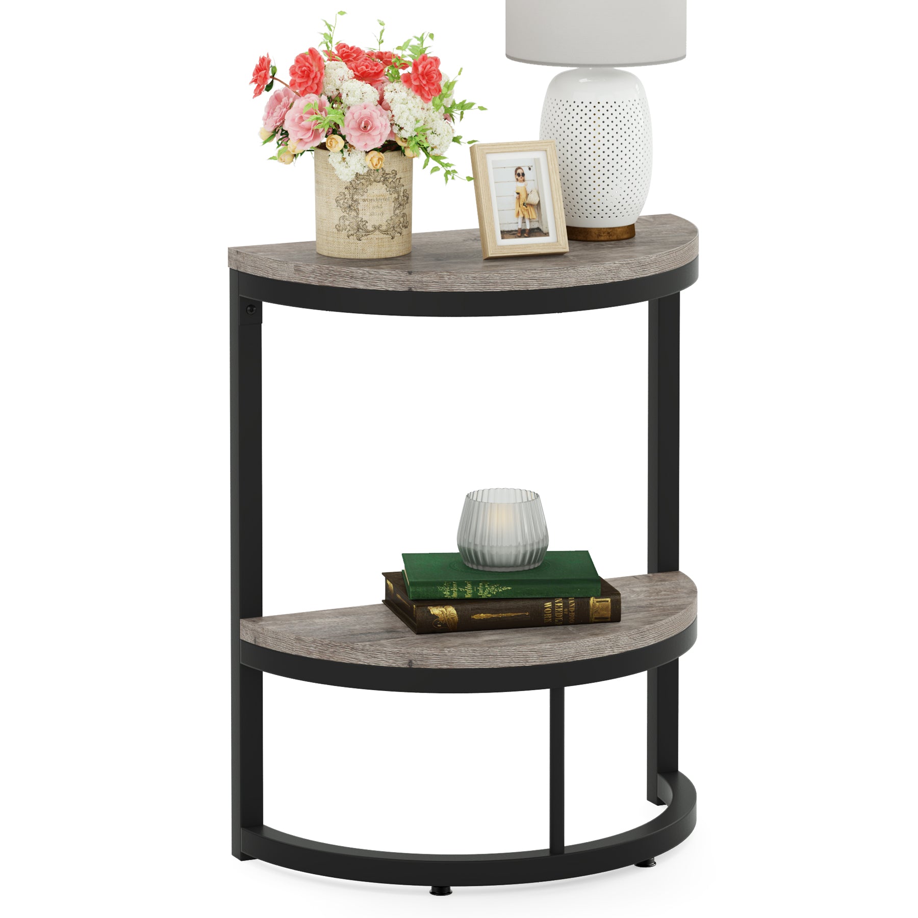 Half Round End Table with Shelf, Farmhouse Narrow Side Table for Sofa Living Room