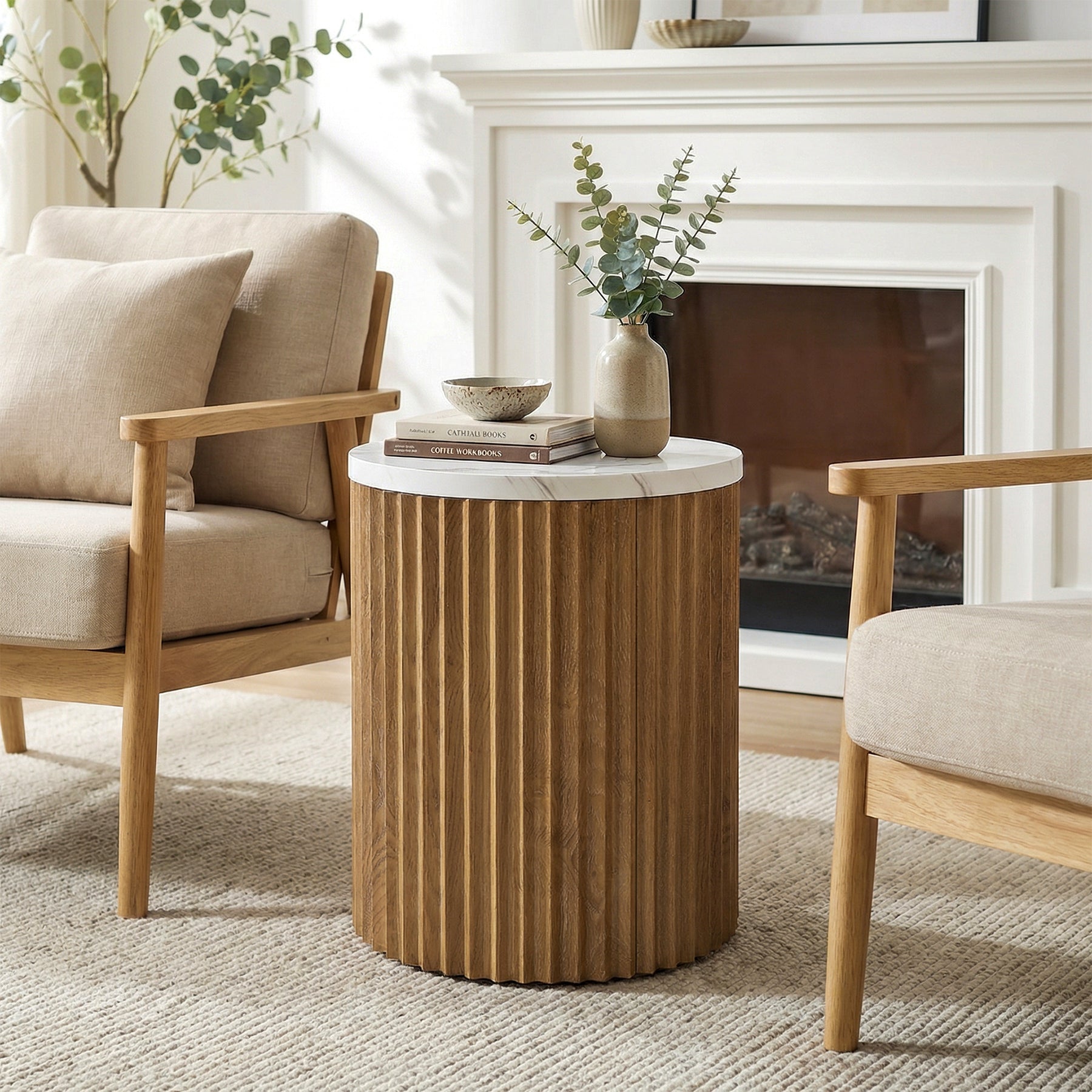 Tribesigns 17.72" Round Side Table, Faux Marble End Table with Fluted Base for Living Room