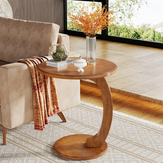 C-Shaped End Table, Round Solid Wood Side Table for Living Room