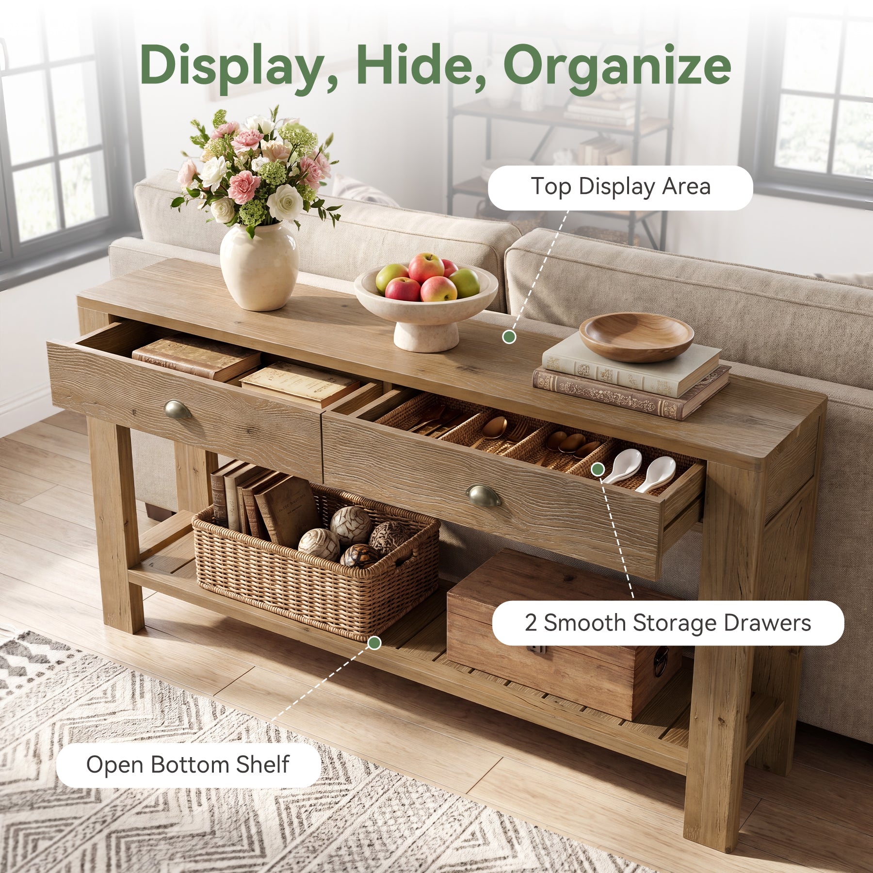 Tribesigns 55.12 Inch Solid Fir Wood Console Table with 2 Drawers, Narrow Hallway Table with Shelf