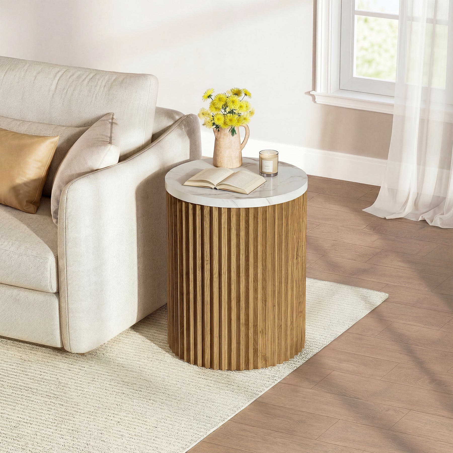 Tribesigns 17.72" Round Side Table, Faux Marble End Table with Fluted Base for Living Room