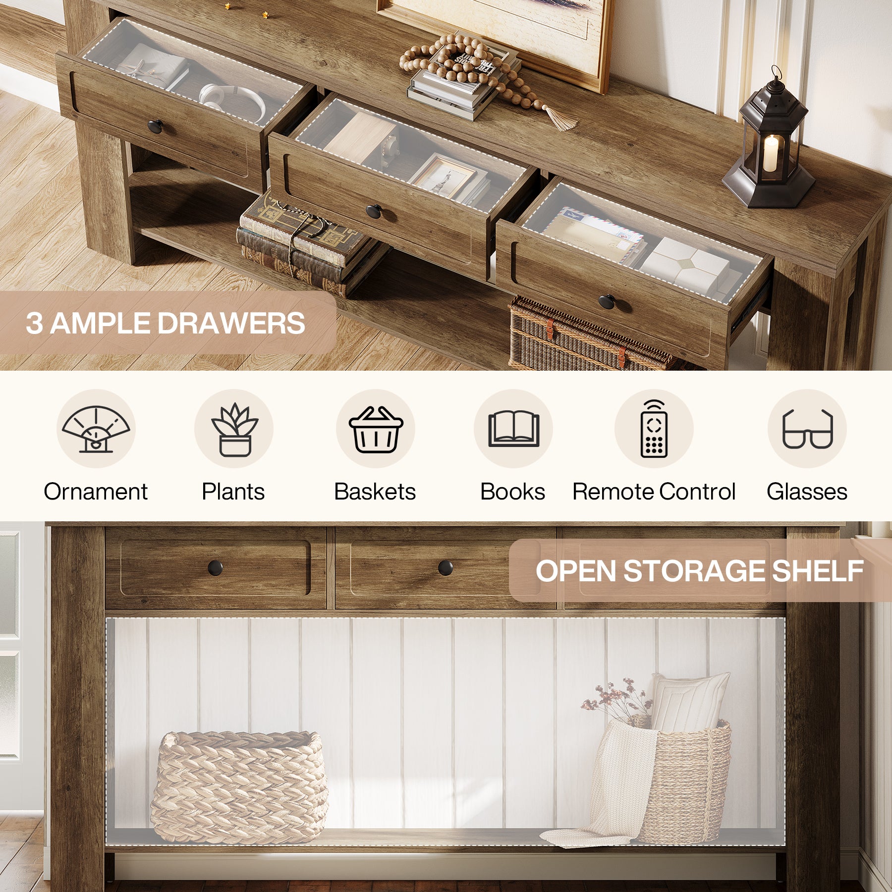 70.9-Inch Console Table with 3 Drawers, Narrow Farmhouse Sofa Table for Hallway