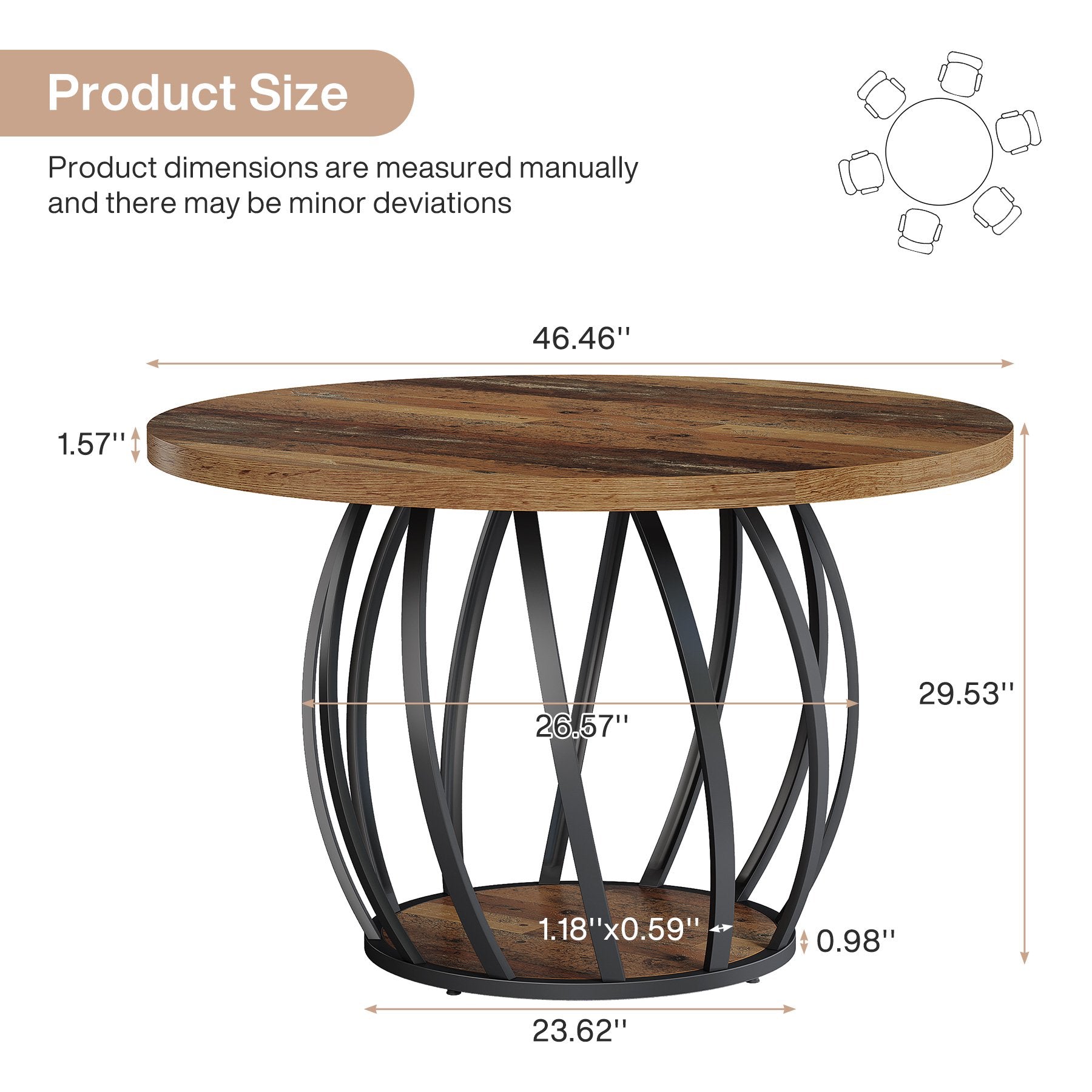 4-6 People Farmhouse Dining Table, Wood Kitchen Table with Sturdy Metal Base