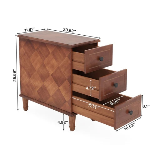 Wood Nightstand, Fully Assembled Narrow Side Table with 3 Drawers