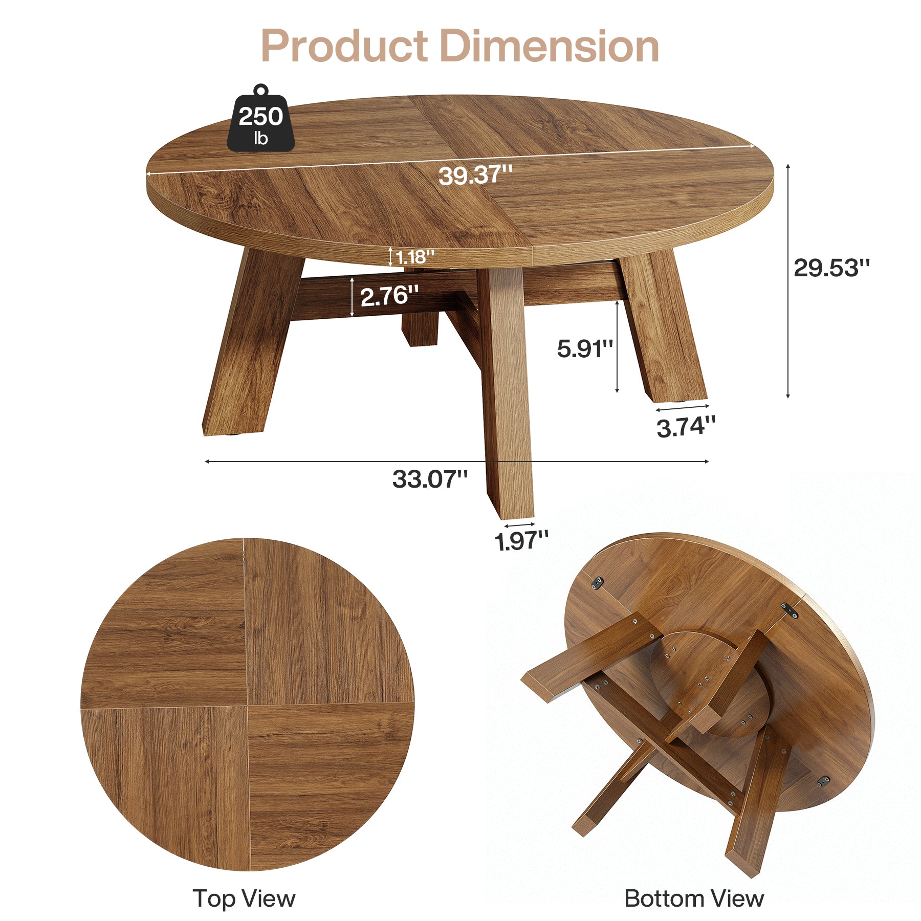 39" Round Mid Century Modern Coffee Table with Cross Brace, Low Wooden Center Table