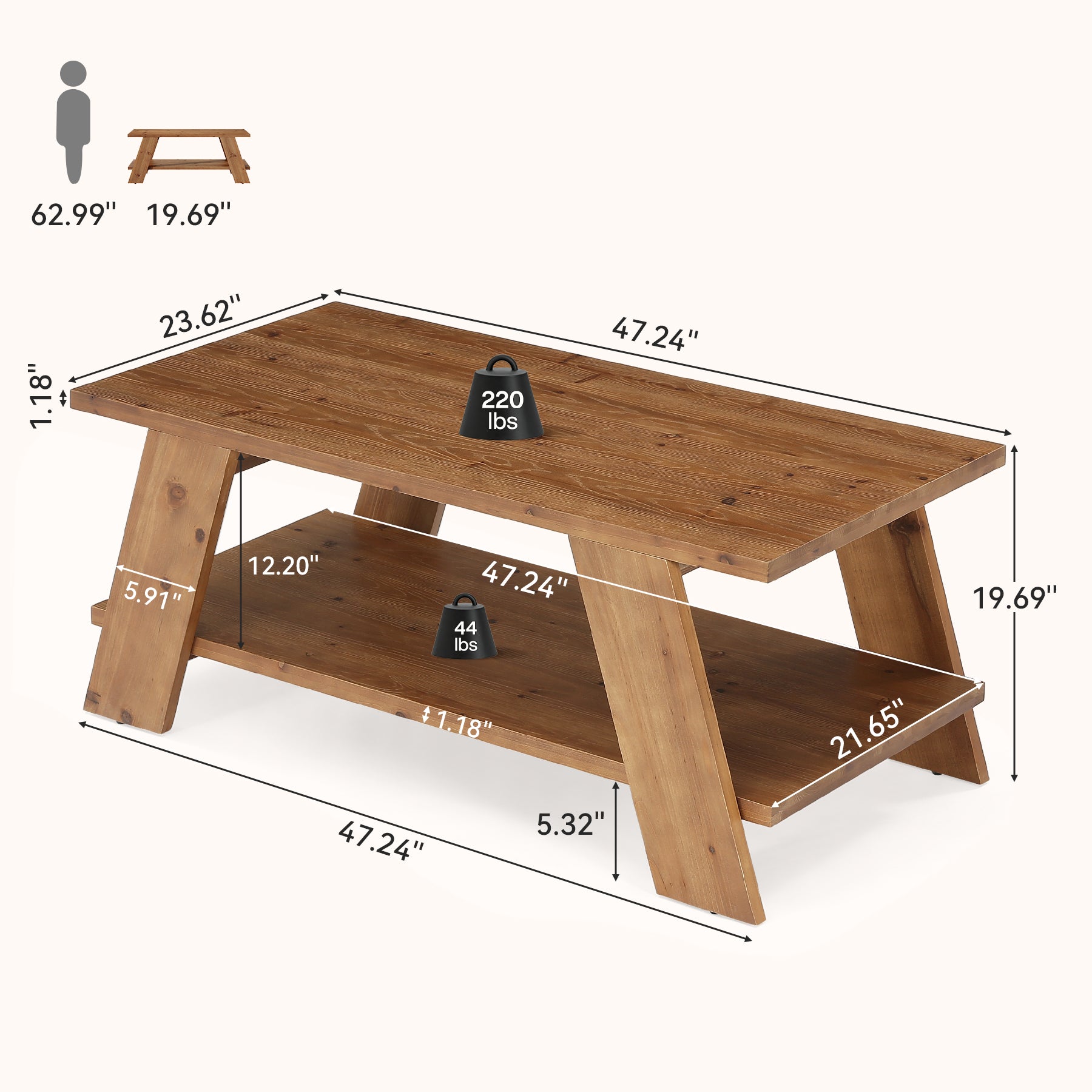 47-Inch Solid Wood Coffee Table with 2-Tier Storage, Farmhouse Rectangle Centre Table for Living Room