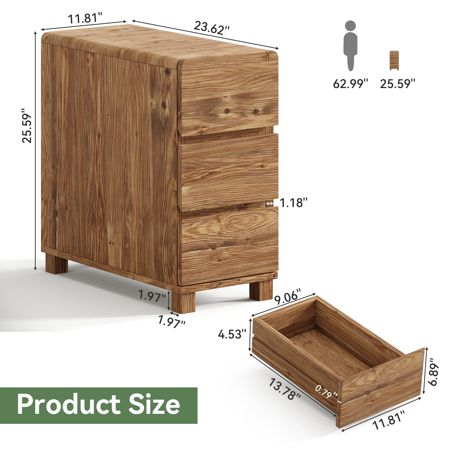 Tribesigns 23.62-Inch Solid Wood Side Cabinet, 3-Drawer Narrow End Table for Living Room Bedroom and Small Spaces