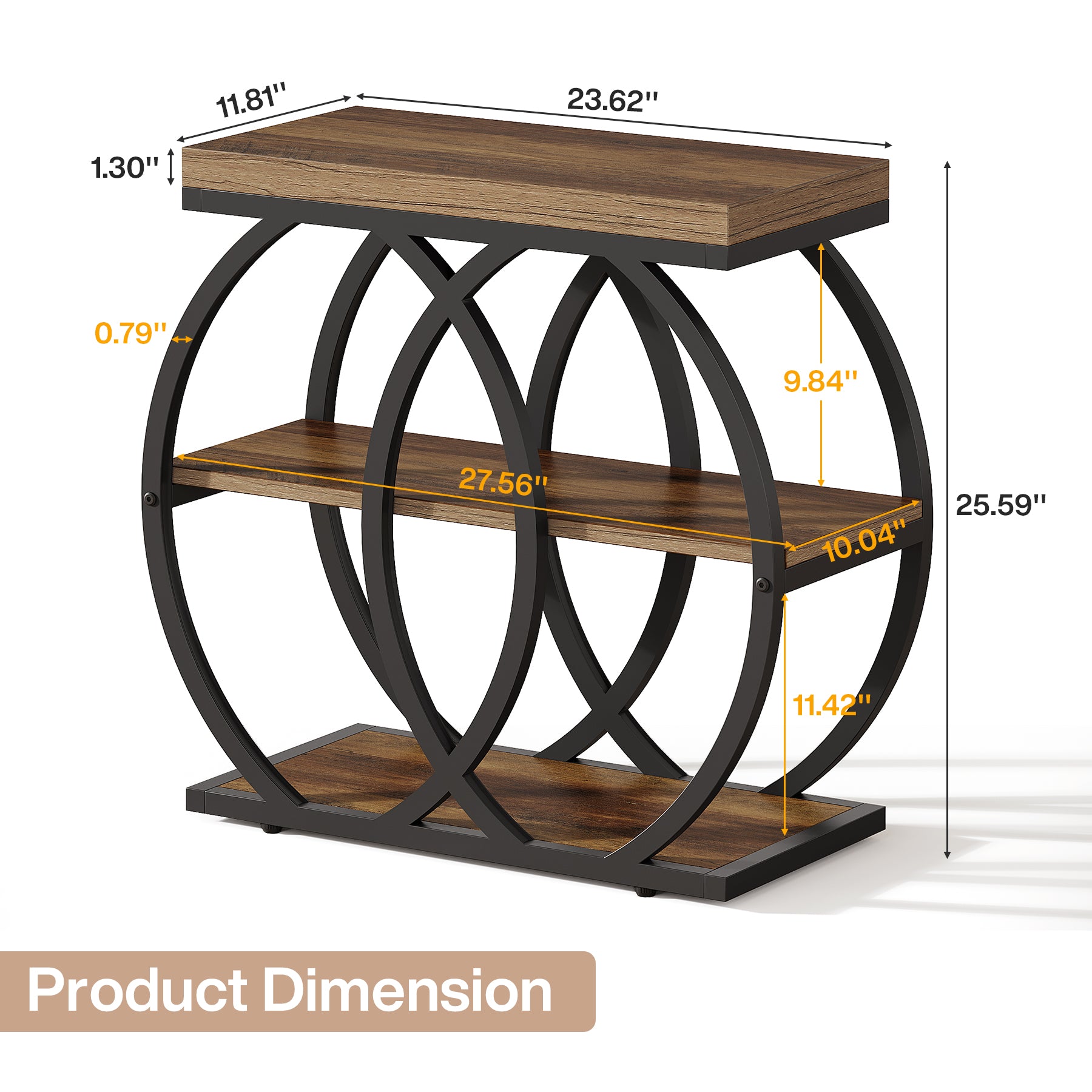 23.62-Inch 3-Tier Narrow End Table with Open Storage Shelves, Industrial Side Table for Living Room