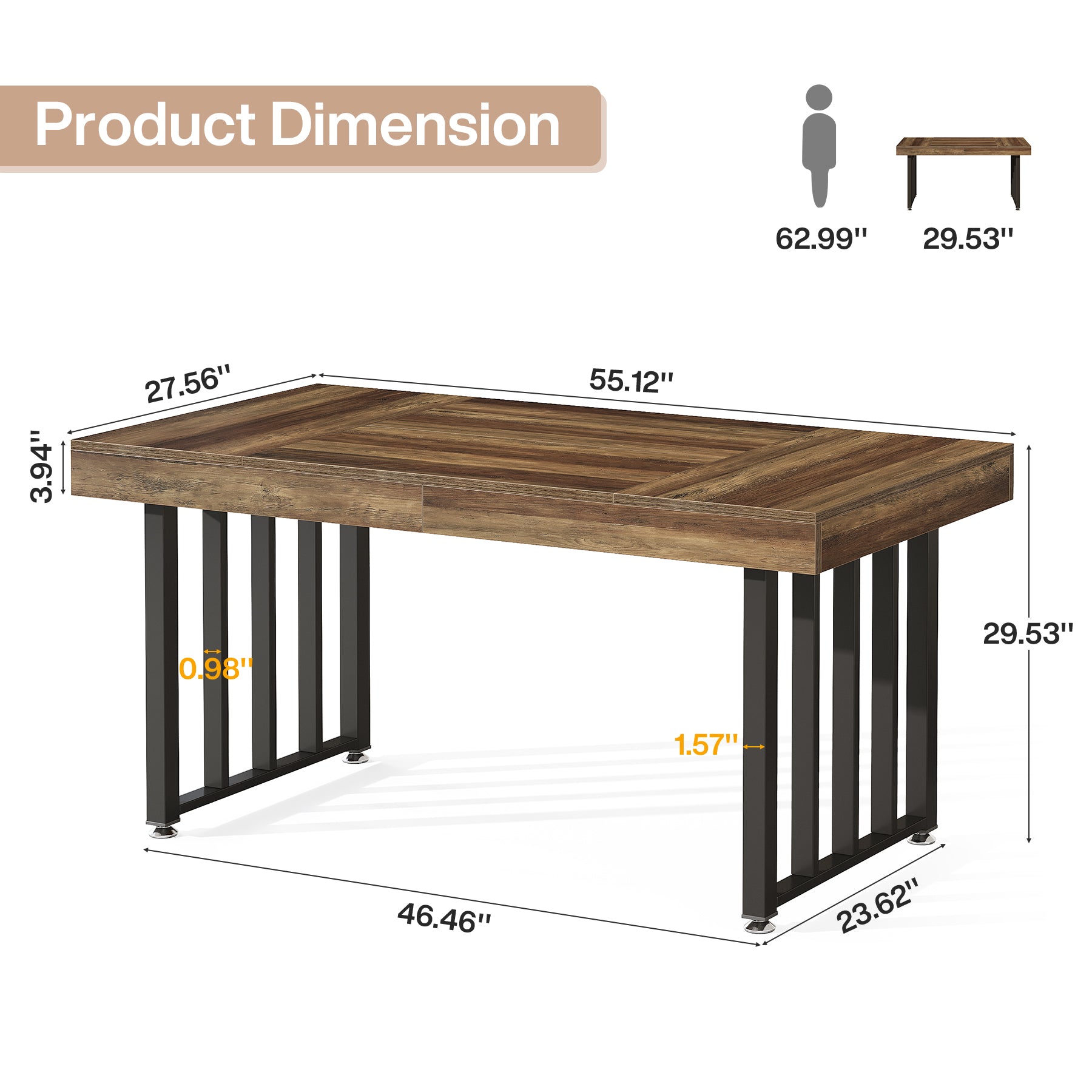 55-Inch Rectangular Dining Table for 4, Thick-Top Kitchen Table for Small Spaces
