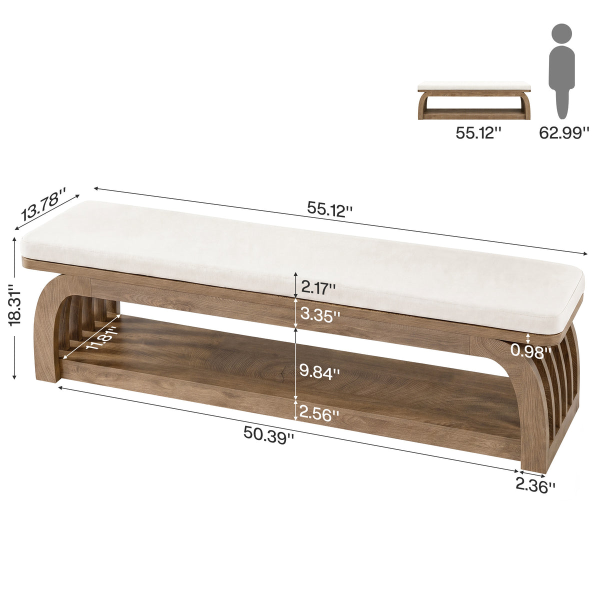 Tribesigns 55.1 Inch Upholstered Entryway Bench with 2-Tier Shoe Storage, Farmhouse Hallway Bench