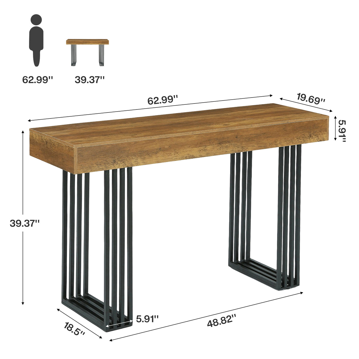 63 Inch Bar Height Table with Metal Frame, Industrial Farmhouse Pub Table for Kitchen and Home Office