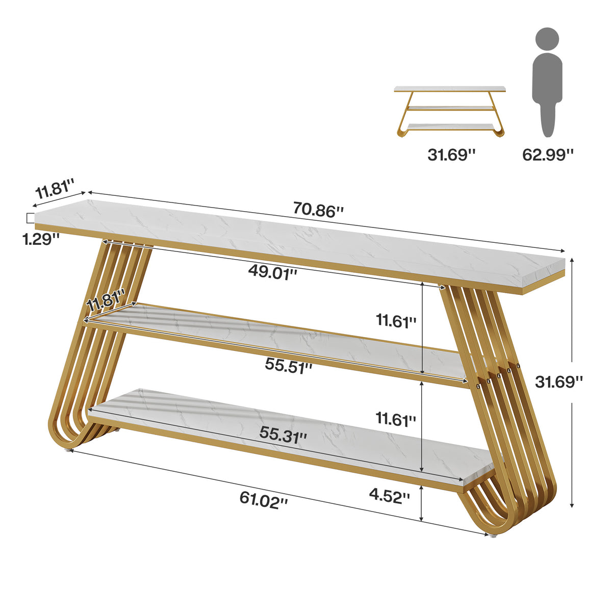 Tribesigns 70.9-Inch Faux Marble Console Table with Storage, Gold Sofa Table for Living Room