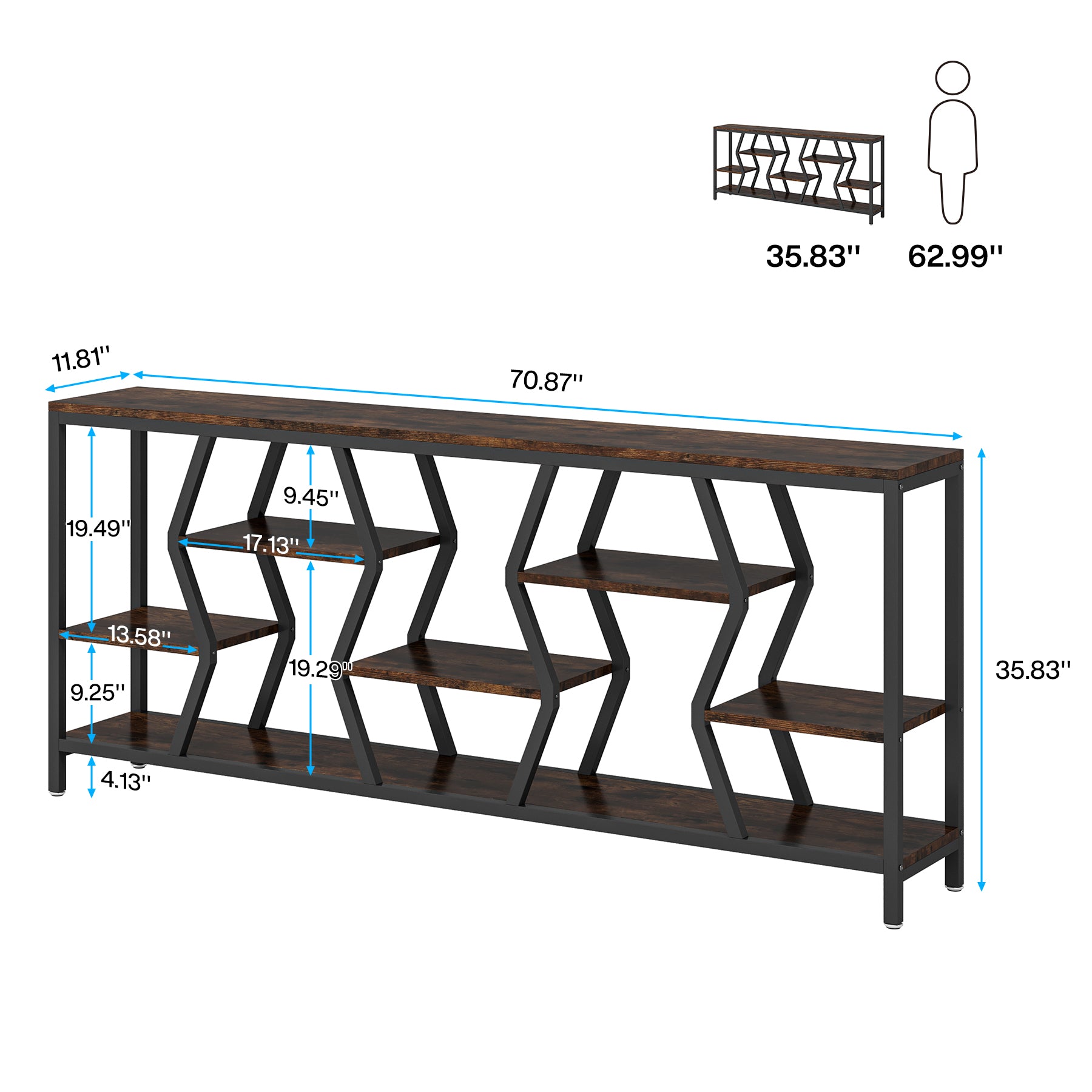 70.9-Inch Extra Long Sofa Console Table with 4-Tier Wood Storage Shelves, Industrial Narrow Entryway Table for Hallway