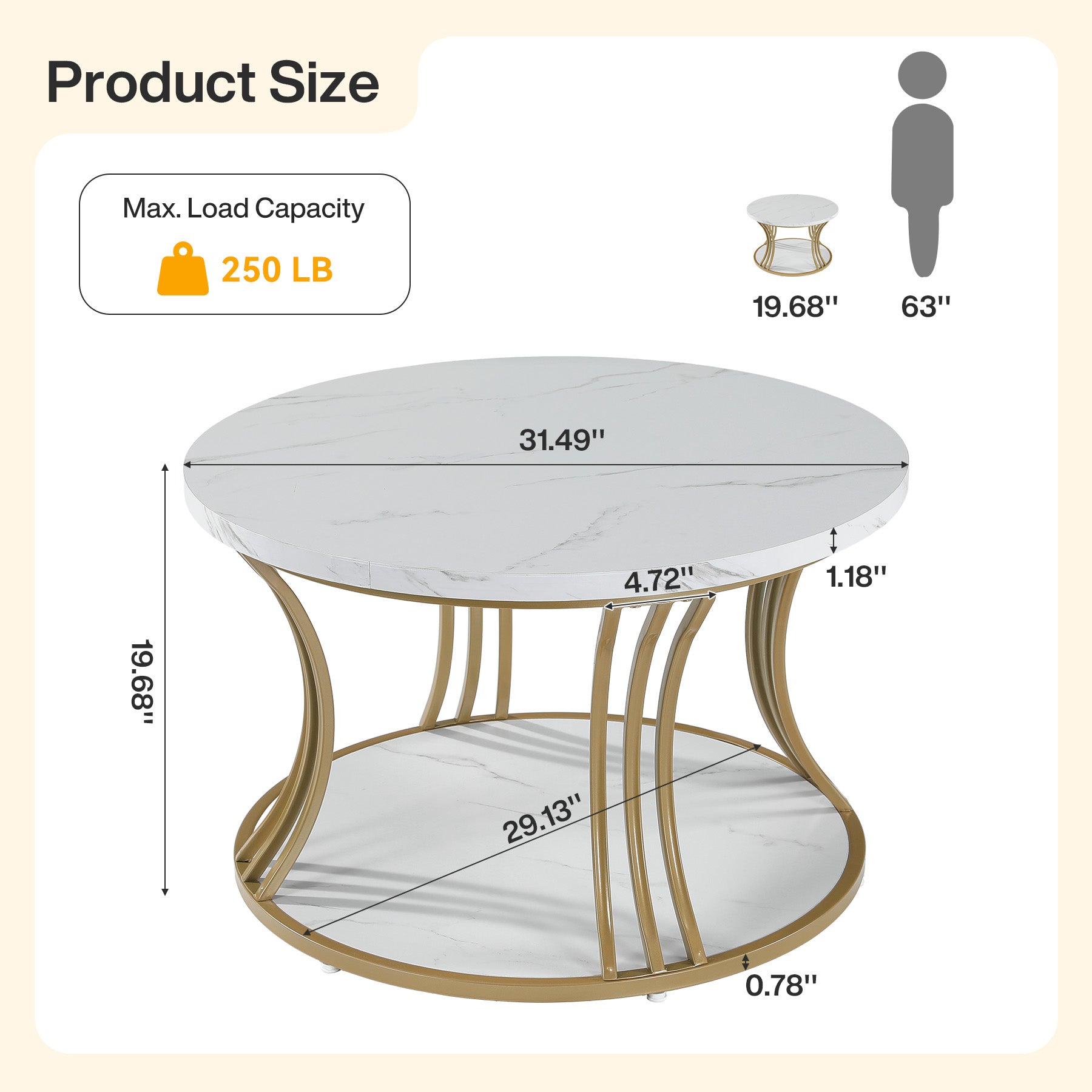 Tribesigns 31.5 Inch Round Coffee Table, 2 Tier Faux Marble Top with Gold Metal Frame for Living Room
