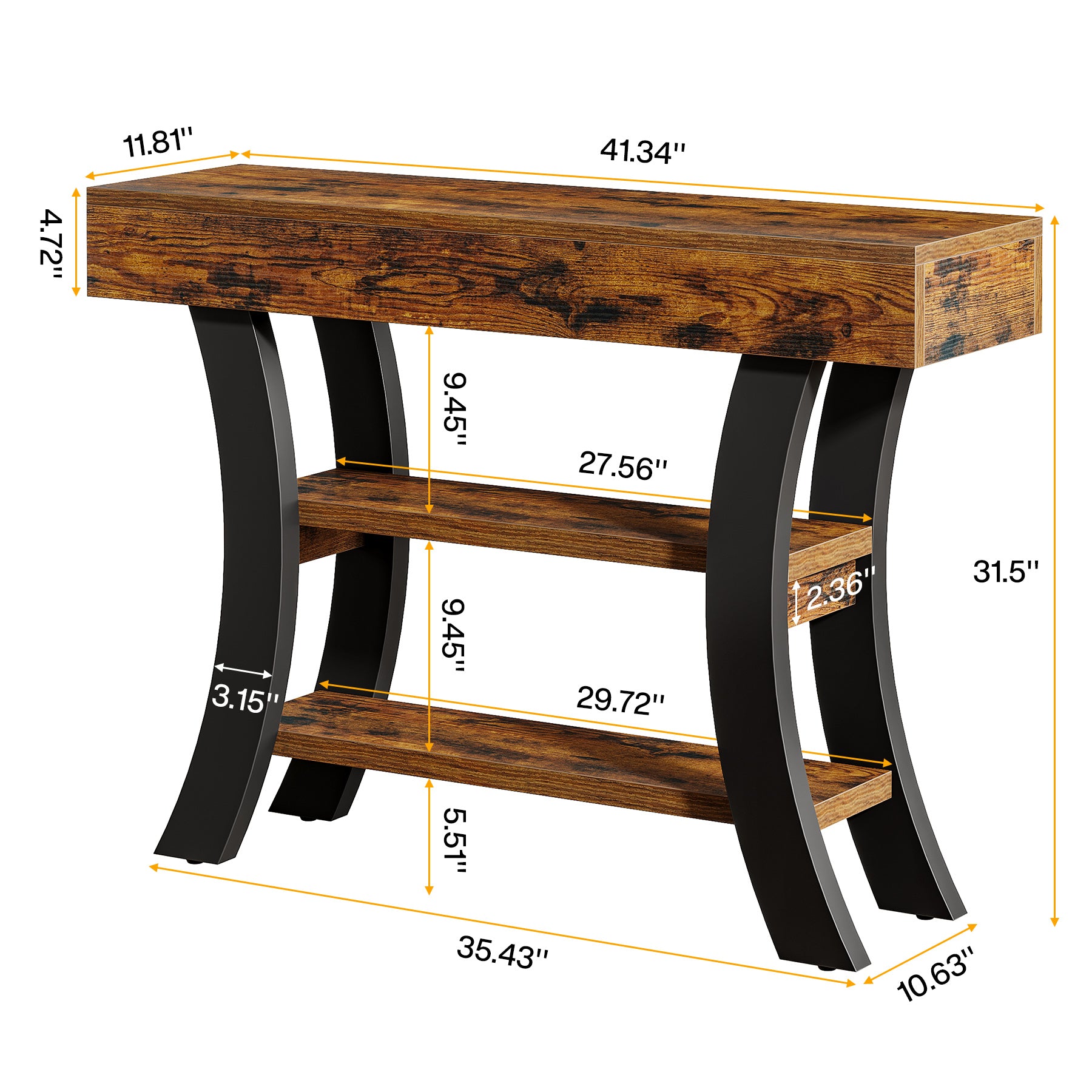 41.34" Rustic Console Table, 3-Tier Entryway Table with Curved Frame for Living Room