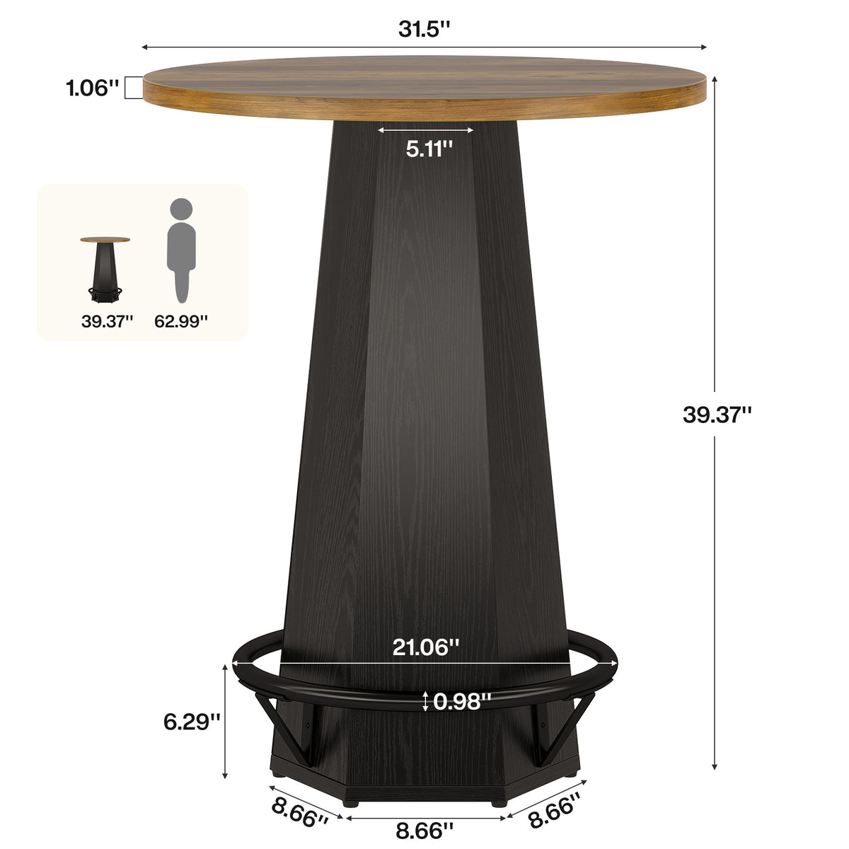 Tribesigns 31.5" Round Bar Table with Hexagonal Base and Metal Footrest, 39.4" High for Home Bars