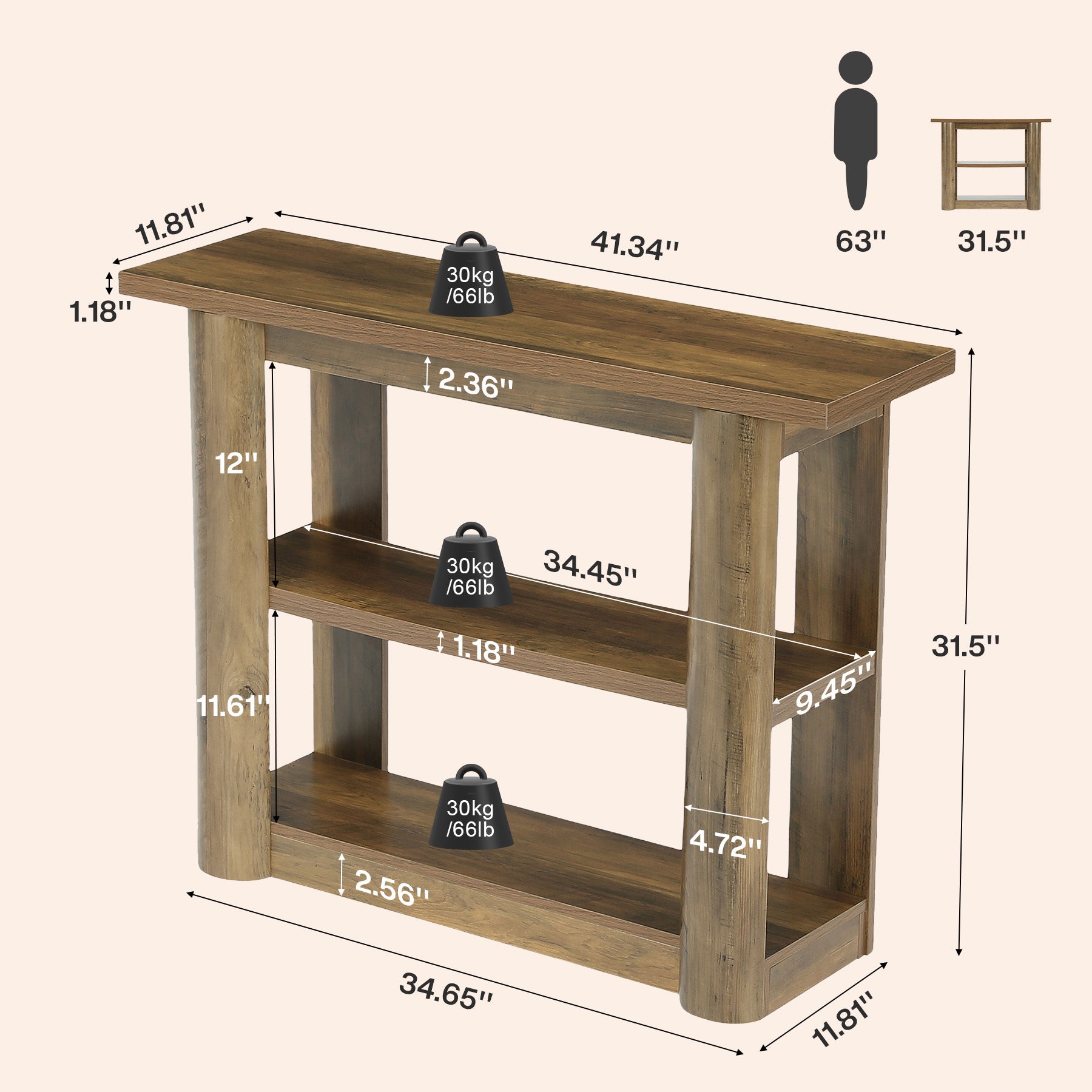 42-Inch Farmhouse Console Table, 3-Tier Narrow Sofa Table with Shelves for Entryway, Living Room