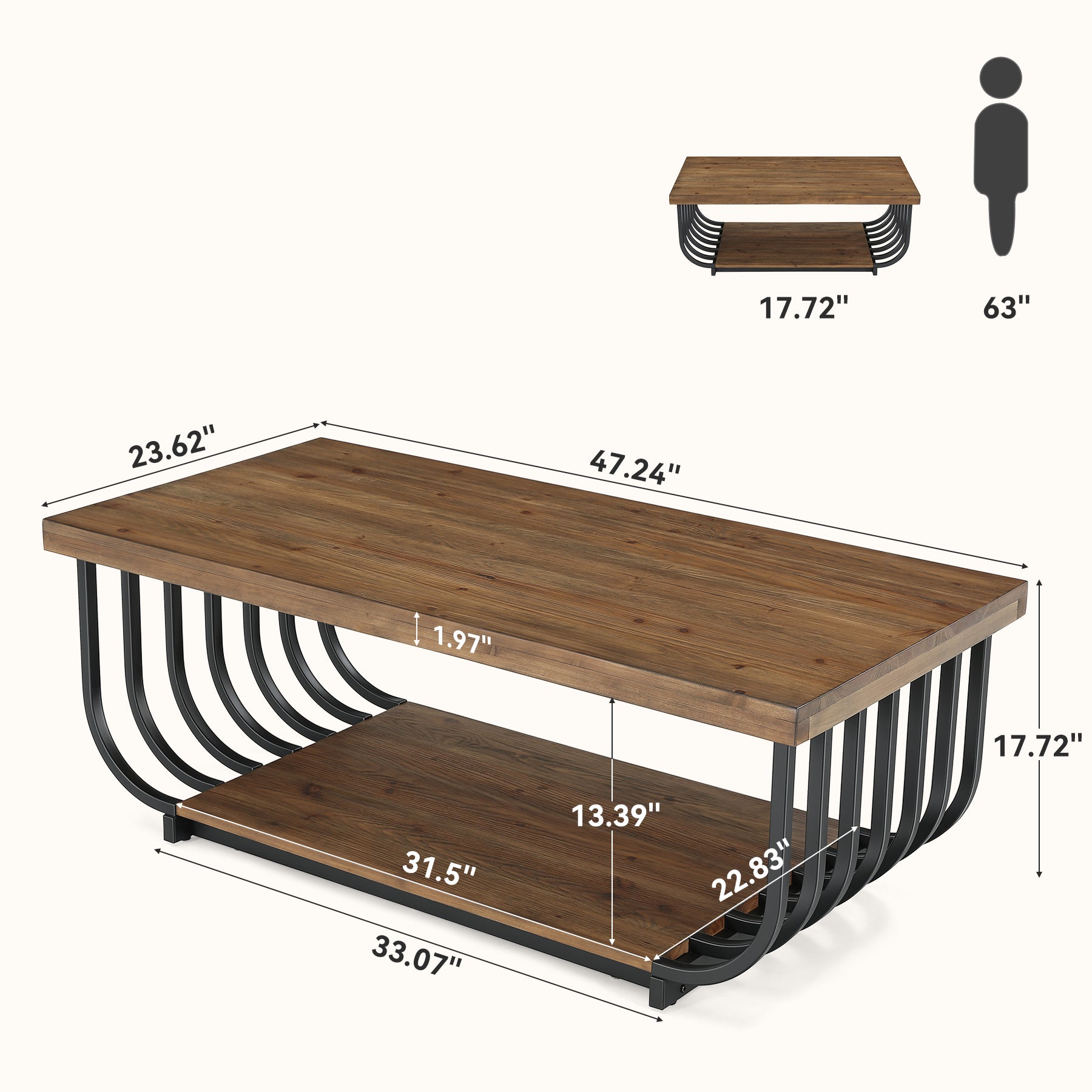 Tribesigns 47-Inch Solid Wood Coffee Table with 2-Tier Storage, Rectangular Table for Living Room