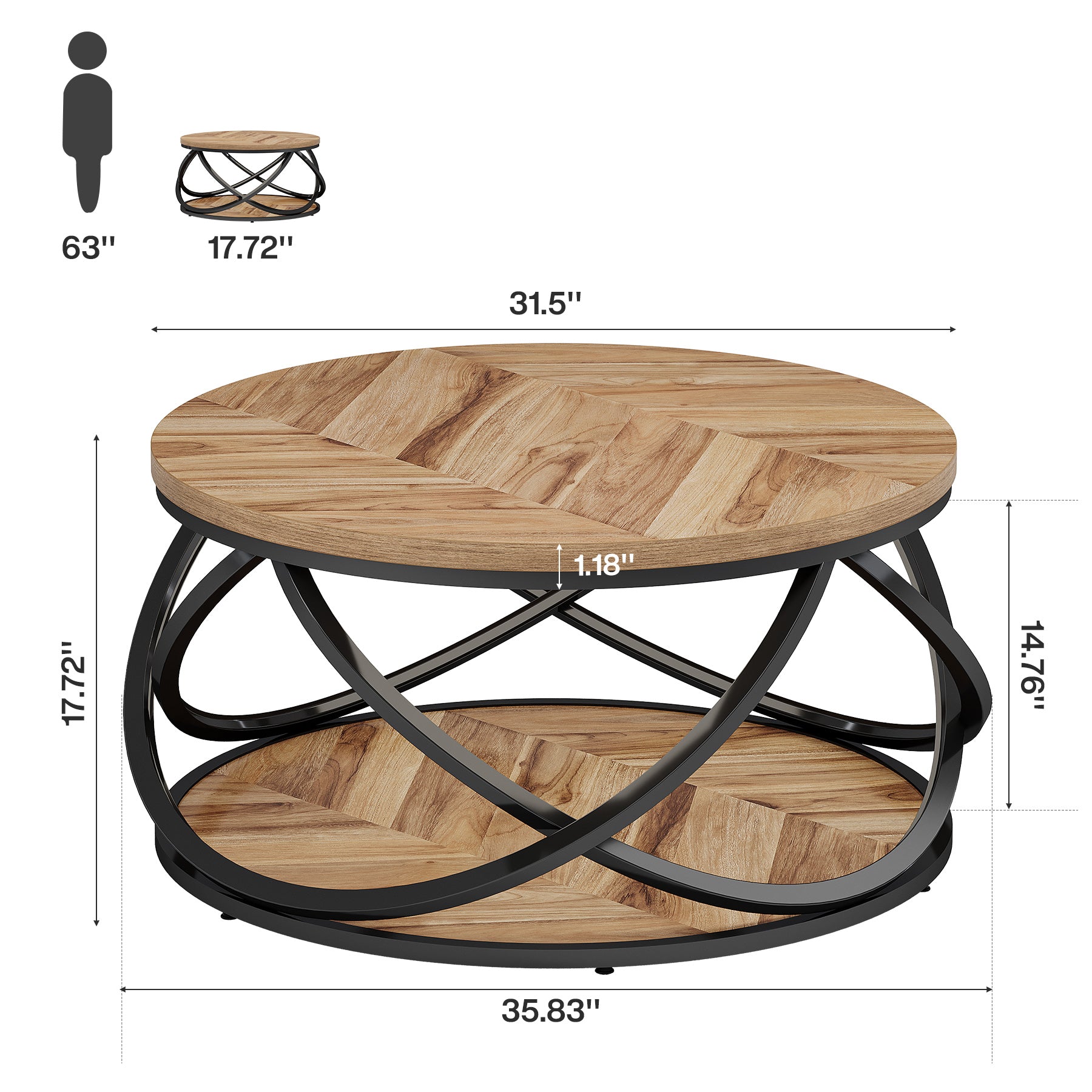 31.5" Two-Tier Round Coffee Table, Modern Circle Center Table with Wood Grain and Cross Metal Base