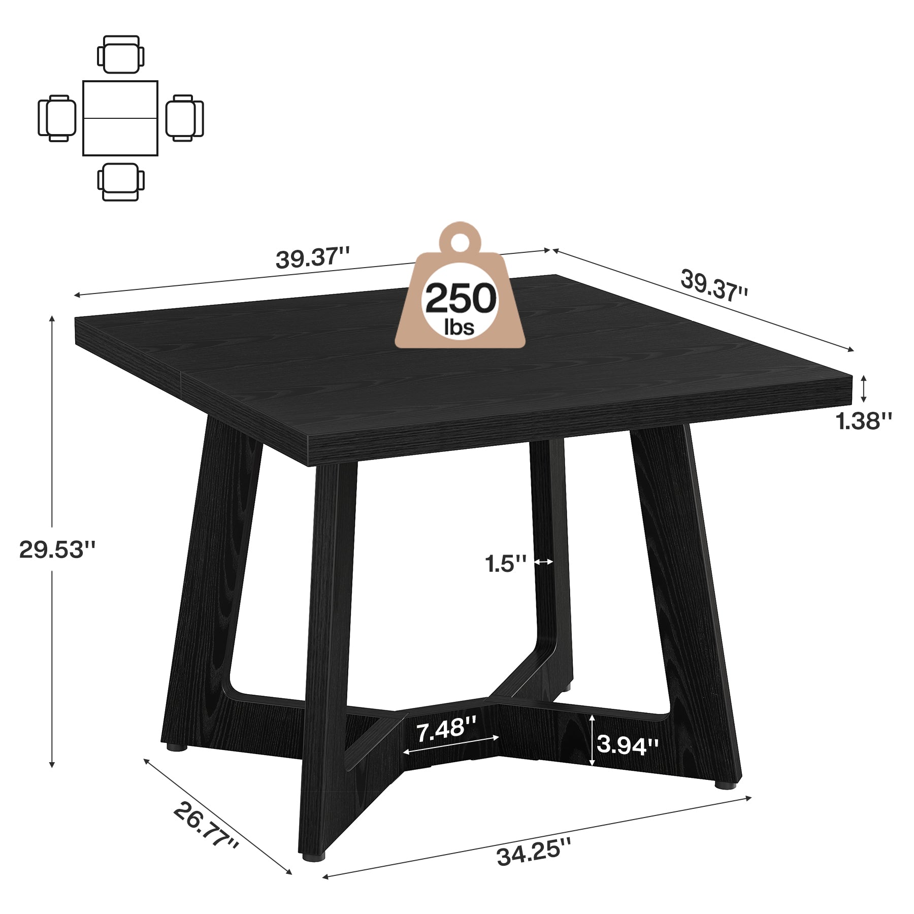 Tribesigns 39.37-Inch Square Dining Table for 2-4, Modern Black Kitchen Table with Stable Frame
