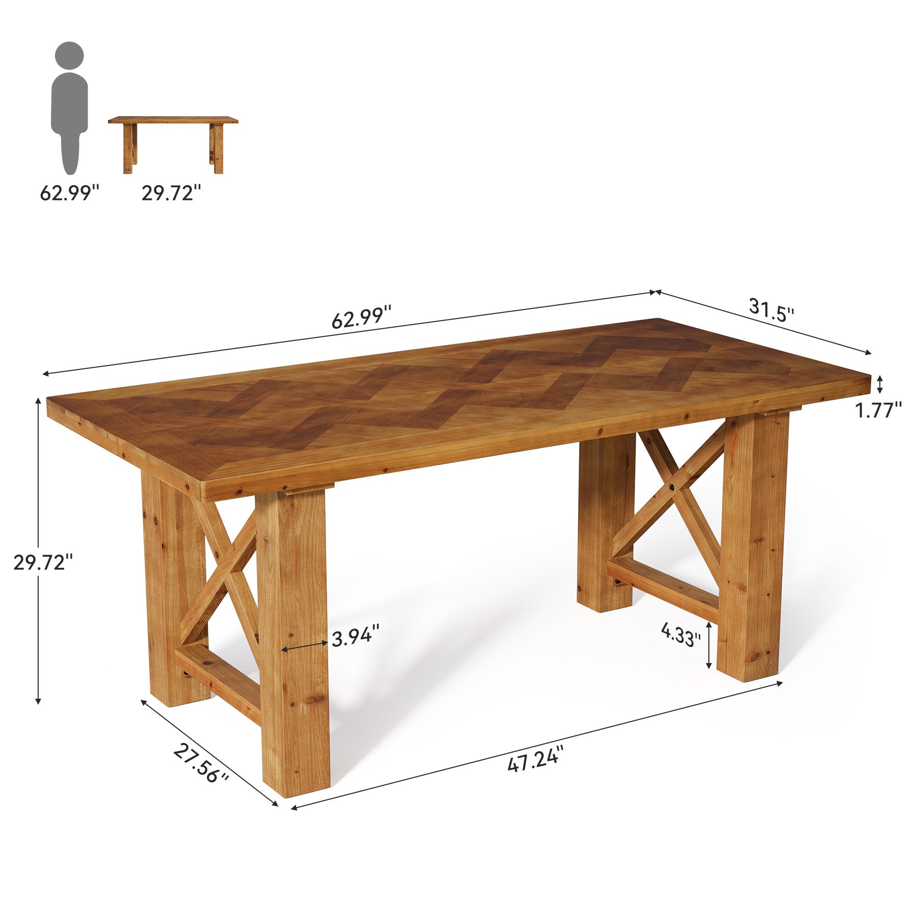 63-Inch Solid Fir Wood Dining Table with Herringbone Top, Farmhouse Table for Dining Room