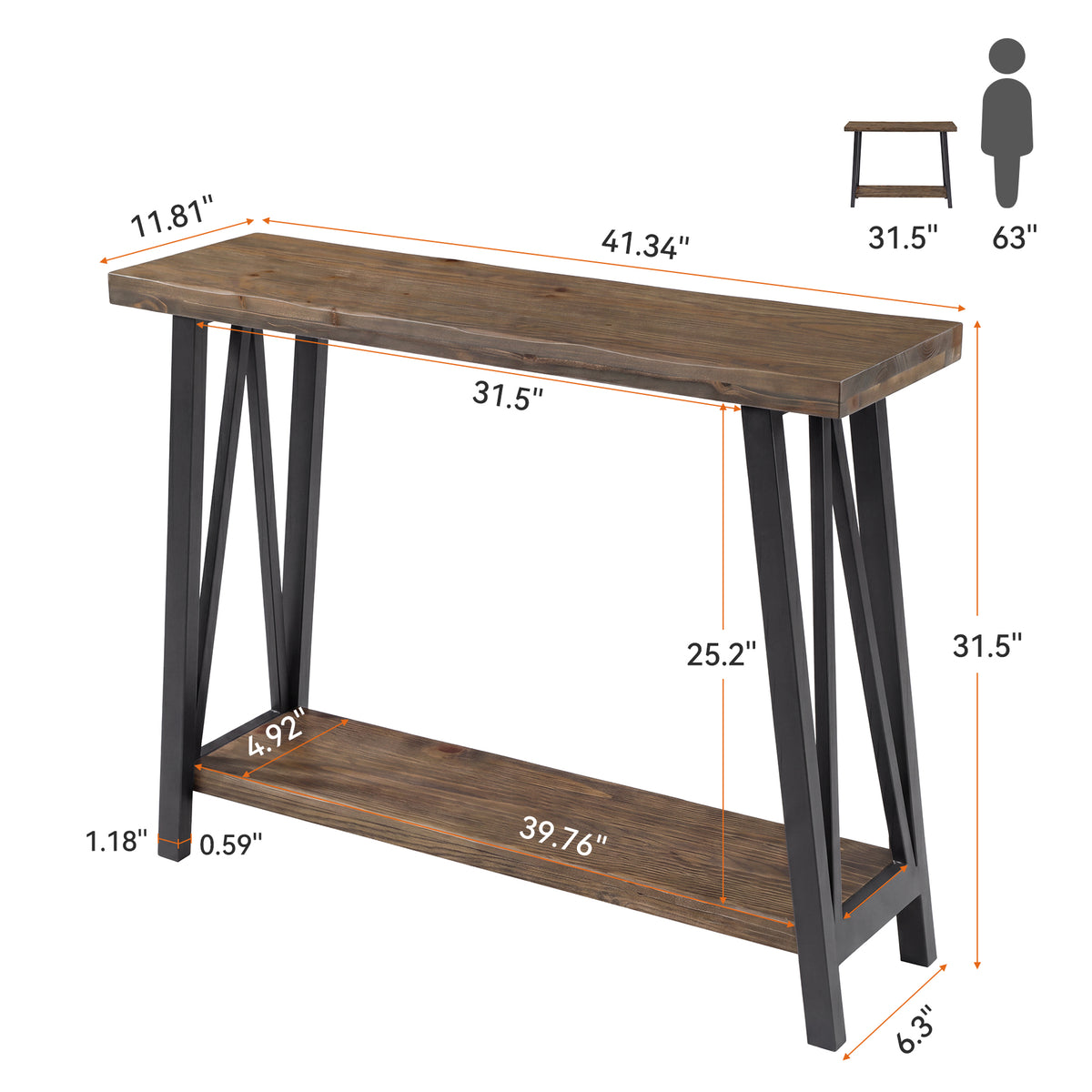 Tribesigns 41.3" Live Edge Solid Wood Console Table with 2-Tier Storage, Industrial Sofa Table for Hallway
