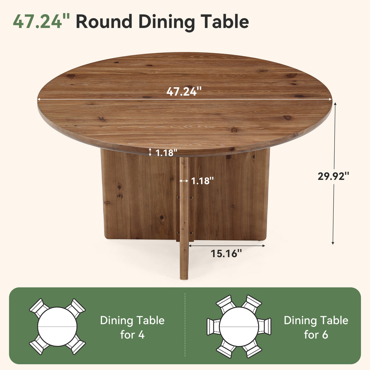 Tribesigns 47.2 Inch Round Solid Wood Dining Table for 4-6, Farmhouse Kitchen Table with Cross Pedestal Base