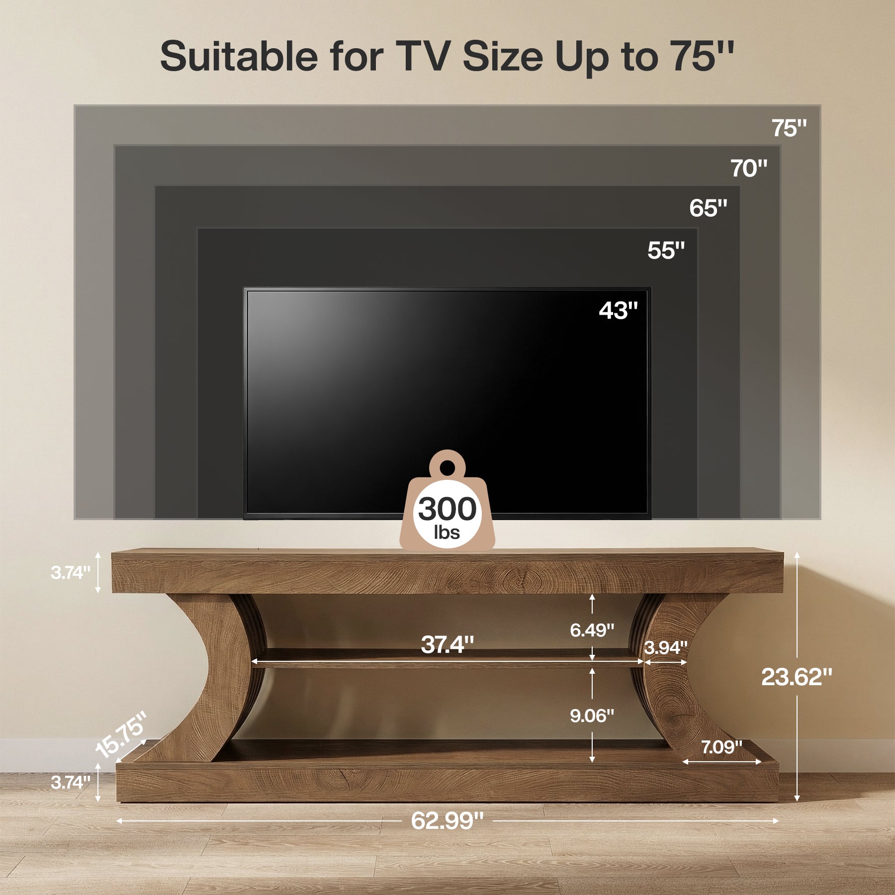63-Inch Farmhouse TV Stand with 3-Tier Storage, Curved Entertainment Center for Living Room and Bedroom