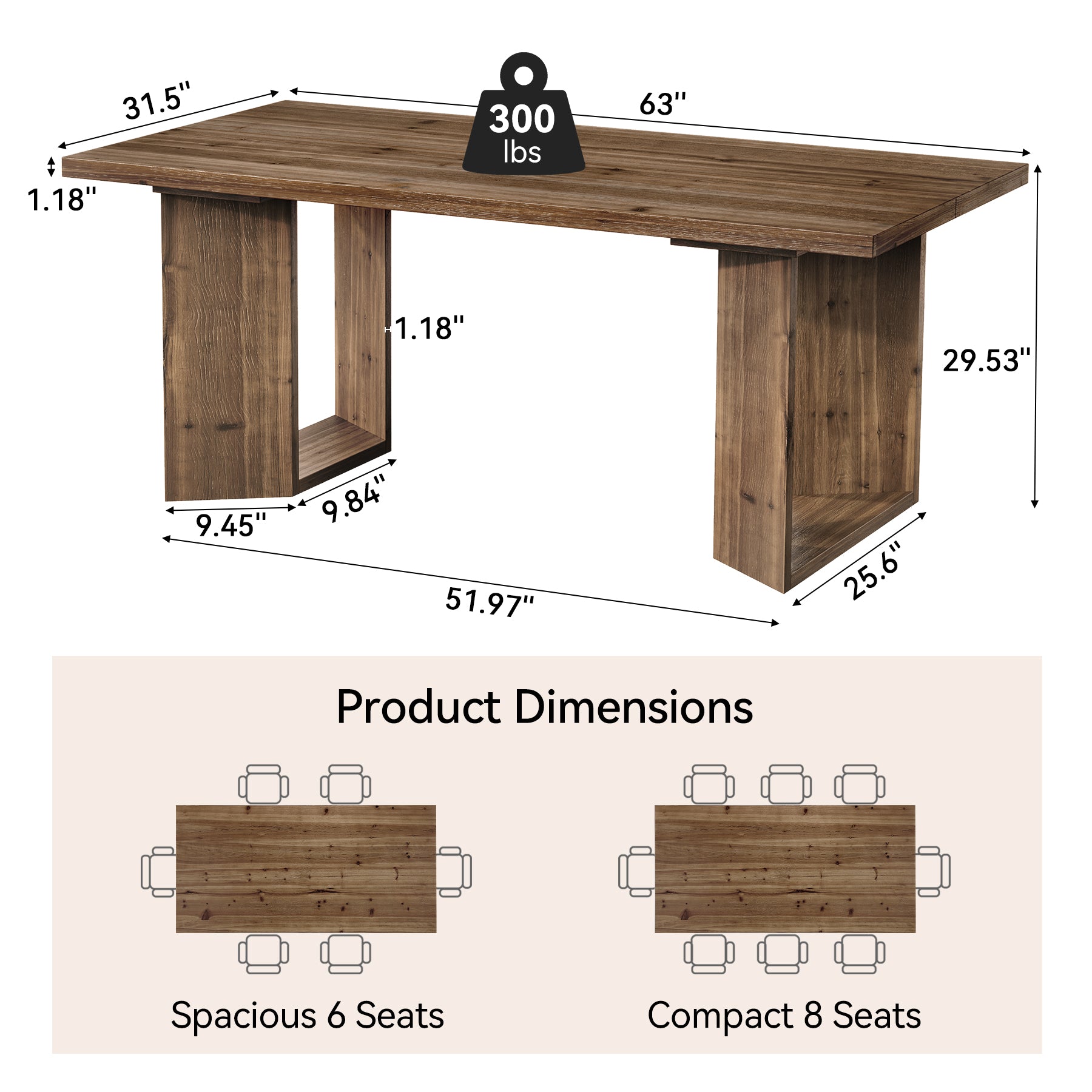 Tribesigns 63-Inch Solid Wood Dining Table for 4-6, Farmhouse Kitchen Table with U-Shaped Legs