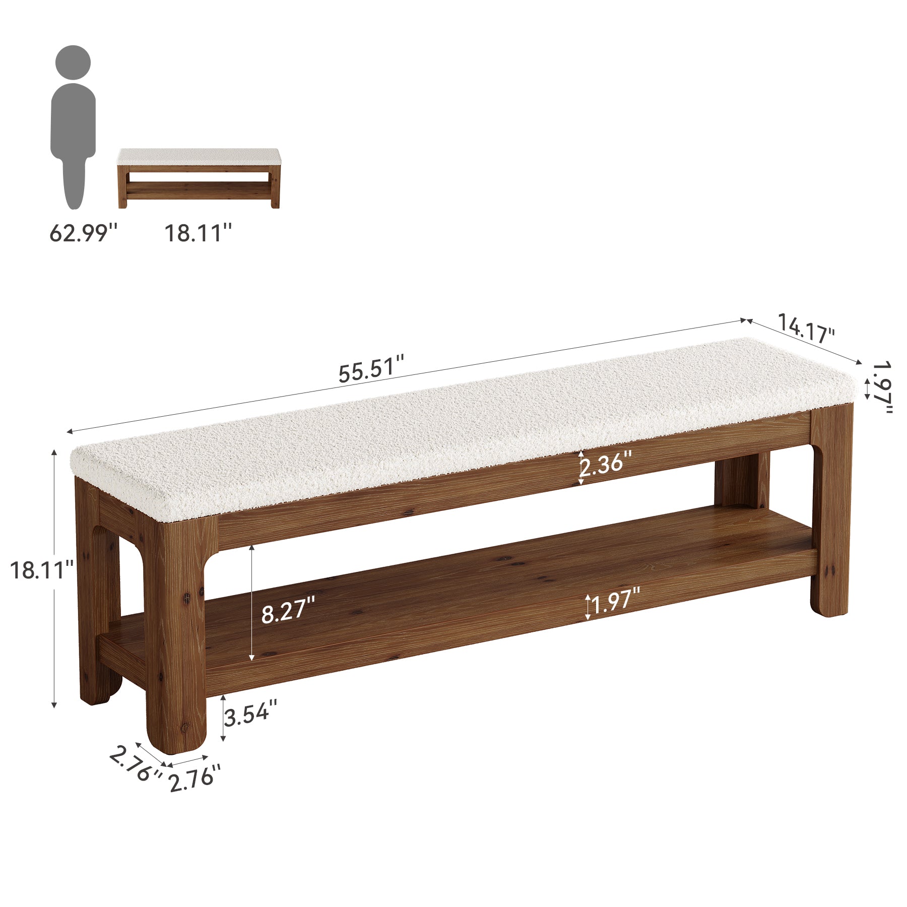 55-Inch Solid Wood Storage Bench with Faux Wool Seat, Entryway Bench for Bedroom