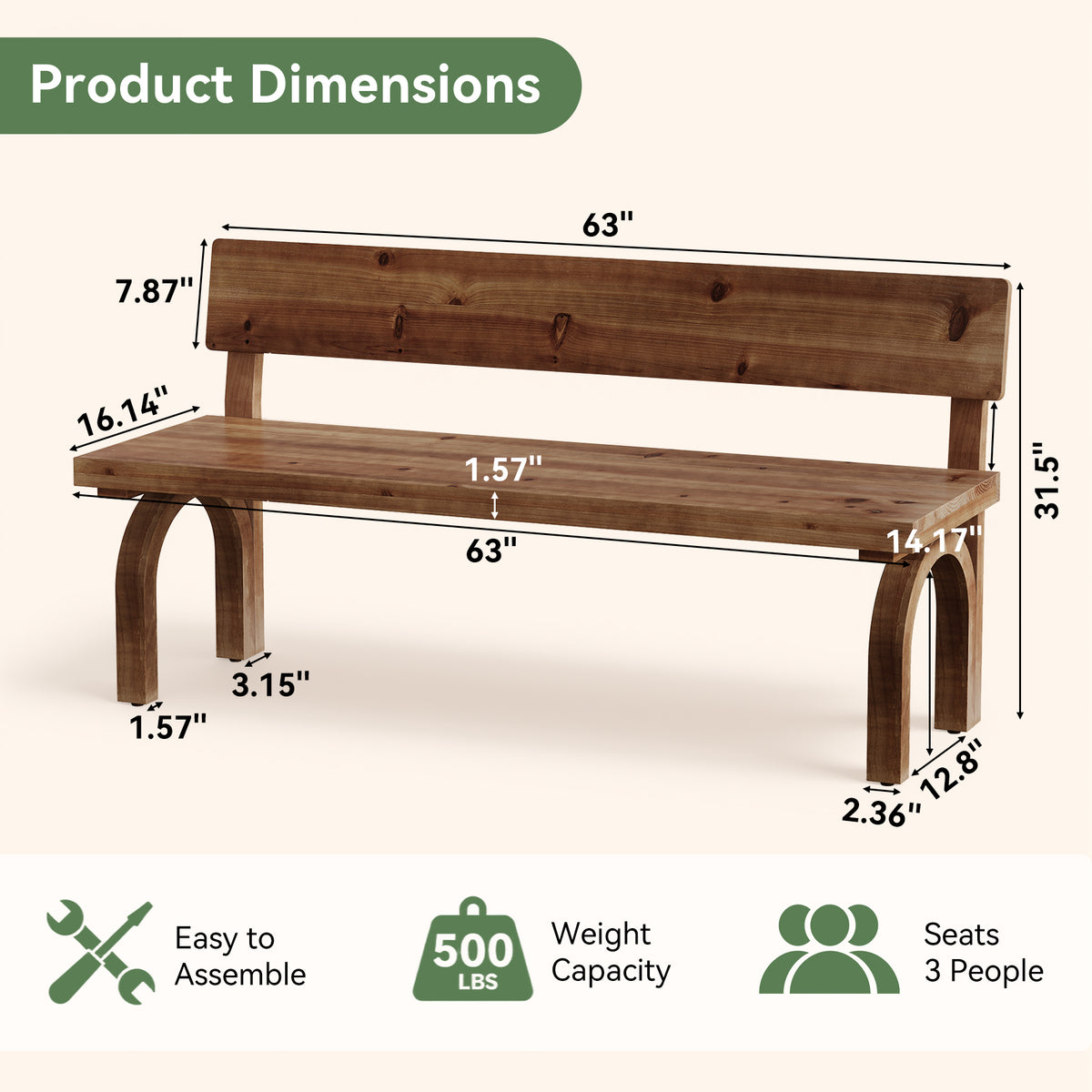 63 Inch Solid Wood Entryway Bench with Backrest, Farmhouse Indoor Bench for Hallway and Bedroom